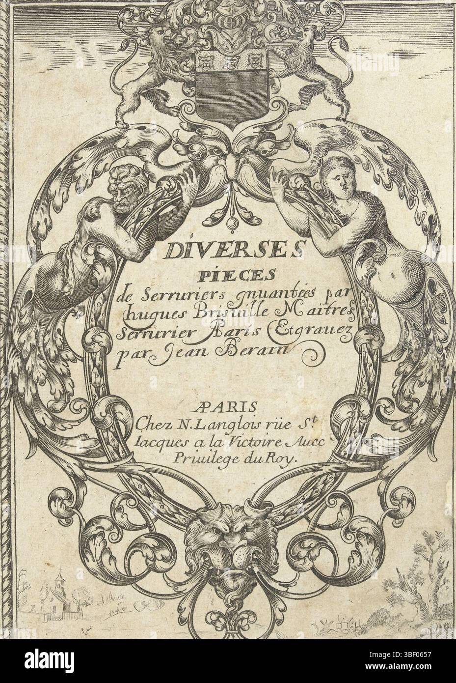 Parigi, Brisville, Hugues, Parigi, Francia, Berain, Jean (le Vieux), Miscellaneous Pièces de Serruriers, Titles: Miscellaneous Pièces de Serruriers, il testo è in un cartiglio con una maschera in alto e una testa di leone in basso. Foglio 1 della serie di titoli, foglio commissionato e 14 fogli con raccordi e forgiatura, piastre per chiavi, chiavi, battitacco porta e pomelli porta. Seconda edizione., stampa, ornamento, frontespizio, stampe, stampe ornamentali, altezza 166 mm, larghezza 117 mm, Frans, 1640-06-04 - 1711-01-25, stamperia, 1662 - 1711, terzo quarto xvii secolo, quarto xvii secolo, primo Foto Stock