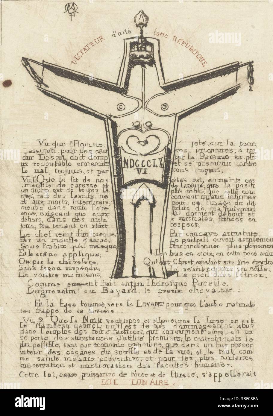 Parigi, Meryon, Charles, Parigi, la Loi Lunaire, opuscolo con Loi Lunaire e figura in piedi di nicchia, verso in basso a sinistra - timbrato, opuscolo con testo di Charles Meryon con il suo Loi Lunaire in cui dà la sua visione dell'importanza del chiaro di luna e del riposo notturno per l'uomo. Nel suo testo spiega che dormire in posizione eretta con le braccia è orizzontalmente spalmato bene per il corpo e lo illustra con la figura in piedi nella nicchia., stampa, altezza 124 mm, larghezza 90 mm, Frans, 1821-11-23 - 1868-02-14, stampatore, 1866 - 1866, terzo quarto del xix secolo, carta, incisione, à la poupée Foto Stock
