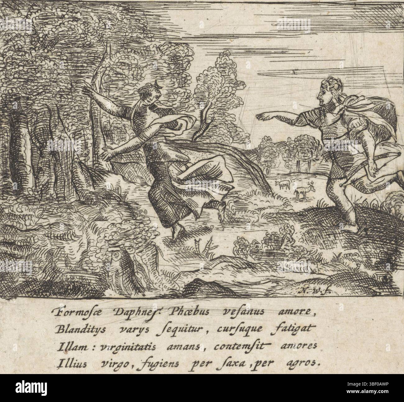 Solis, Virgilius, Amsterdam, Witsen, Nicolaes Cornelisz., Metamorphoseos liber primus, Scene dal primo libro di Metamorphosen di Ovidio, Ovidii metam. Lib. I Dafne a Phoebo amata XIII, Apollo e Dafne, verso il basso a destra - timbrato, Apollo insegue Dafne in un paesaggio. Sotto la performance una spiegazione a quattro righe in latino., stampa, altezza 87 mm, larghezza 89 mm, Noord-Nederlands, 1641-05-05 - 1717-08-10, stampatore, 1659 - 1659, carta, incisione, etsen, Work Conception, tedesco, 1514 - 1562-08-01 Foto Stock