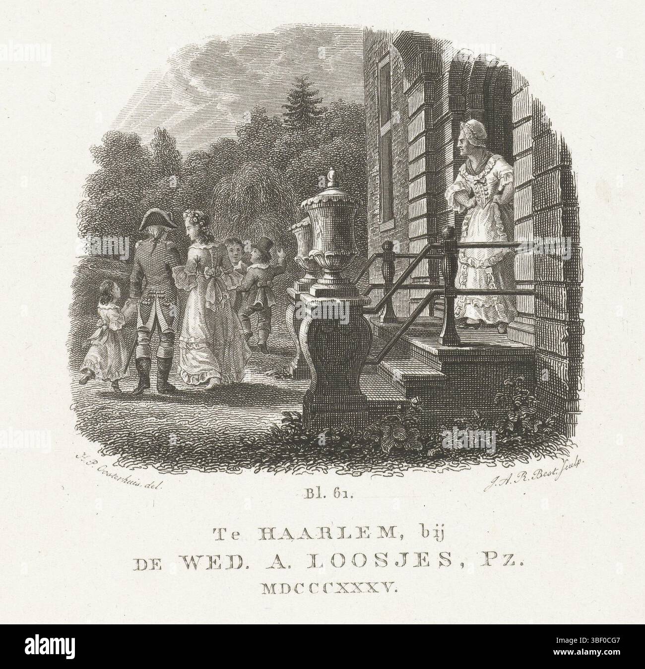 Haarlem, Loosjes, vedova Adriaan Pietersz., Oosterhuis, H.P., Amsterdam, Best, Johannes Alexander Rudolf, Homepage per: J.C. Appenzeller, Selma's Romantic stories of True events, Haarlem 1835, la famiglia lascia casa ed è controllato dalla cameriera e dal titolo, Haarlem, verso center - timbrato, stampa, altezza 220 mm, larghezza 133 mm, 1797 - 1855-01-12, stamperia, 1807 - 1835, primo quarto Ottocento, secondo Ottocento, carta, incisione, disegno intermedio, pubblicazione (evento), pubblicazione, editore Foto Stock