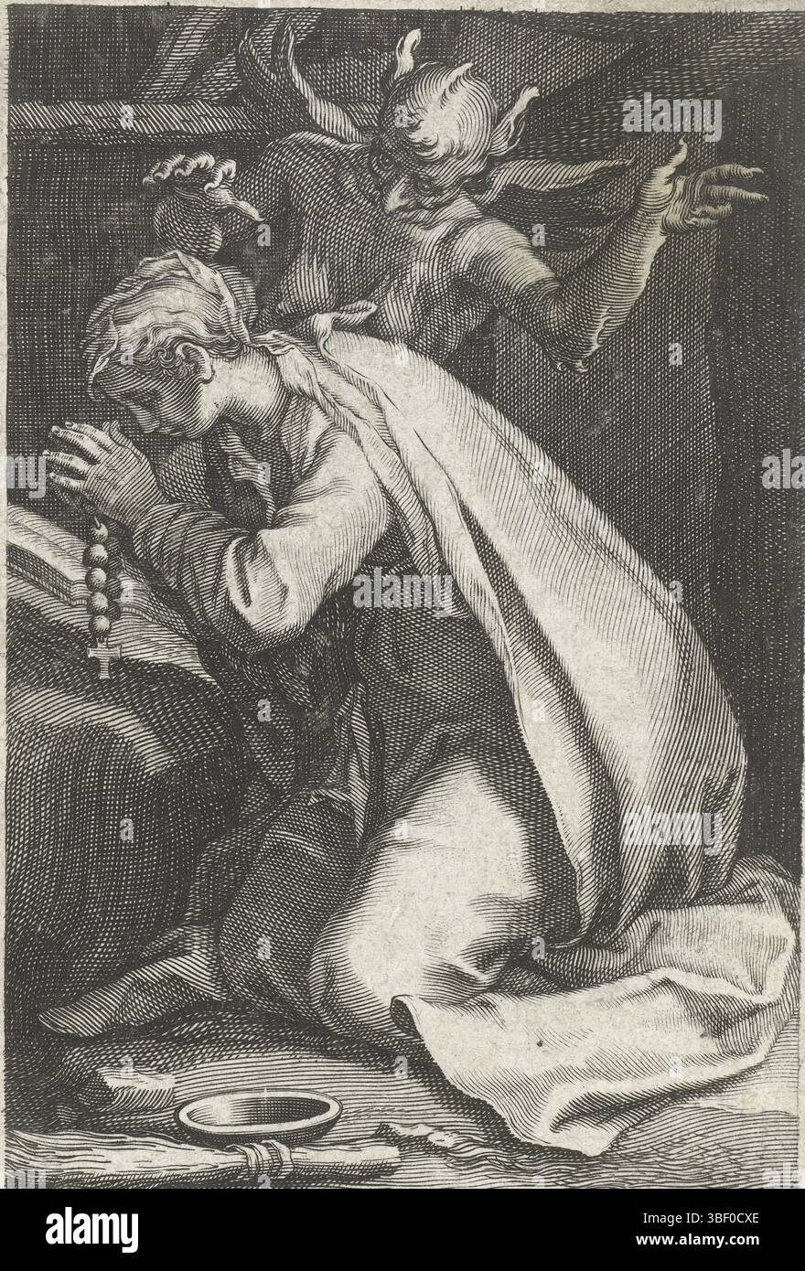 Anversa, Aertssens, Hendrik, Nederlanden, Bolswert, Boëtius Adamsz., Bloemaert, Abraham, Amsterdam, Sacra Eremus Ascetriarum, Kluiseressen, Sancta Euphraxia, Santa Eufrrasia di Costantinopoli come eremita, Anversa, verso in mezzo - timbrato, Santa Eufrrasia di Costantinopoli si inginocchia in preghiera mentre un diavolo cerca di tentarla. Il verso contiene un frammento di testo francese dell'edizione., stampa, illustrazione del libro, stampe, altezza 143 mm, larghezza 90 mm, Zuid-Nederlands, 1580 - 1633-03-25, stampatore, 1590 - 1612, quarto quarto xvi secolo, primo quarto xvii secolo, carta, incisione, incisione Foto Stock