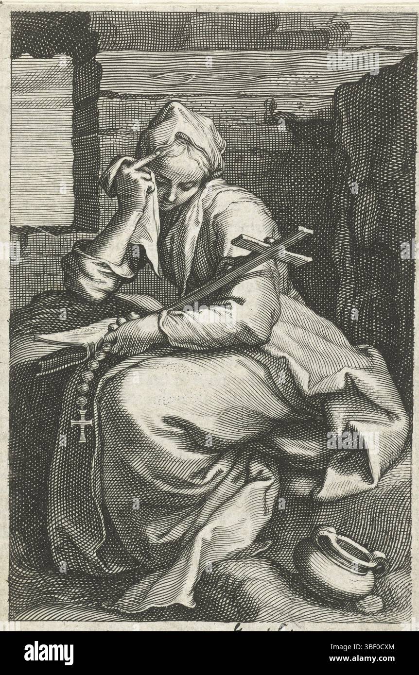 Anversa, Aertssens, Hendrik, Nederlanden, Bolswert, Boëtius Adamsz., Bloemaert, Abraham, Amsterdam, Sacra Eremus Ascetriarum, Ermitesse, Sancta Thais, San Thais di Alessandria come eremita, Anversa, verso al centro - timbrato, San Thais di Alessandria come eremita è in cella eremita con crocifisso, Bibbia e Rosario. Il verso contiene un frammento di testo francese dell'edizione., stampa, illustrazione del libro, stampe, altezza 143 mm, larghezza 92 mm, Zuid-Nederlands, 1580 - 1633-03-25, stampatore, 1590 - 1612, quarto quarto xvi secolo, primo quarto xvii secolo, carta, incisione, incisione (stampa p Foto Stock