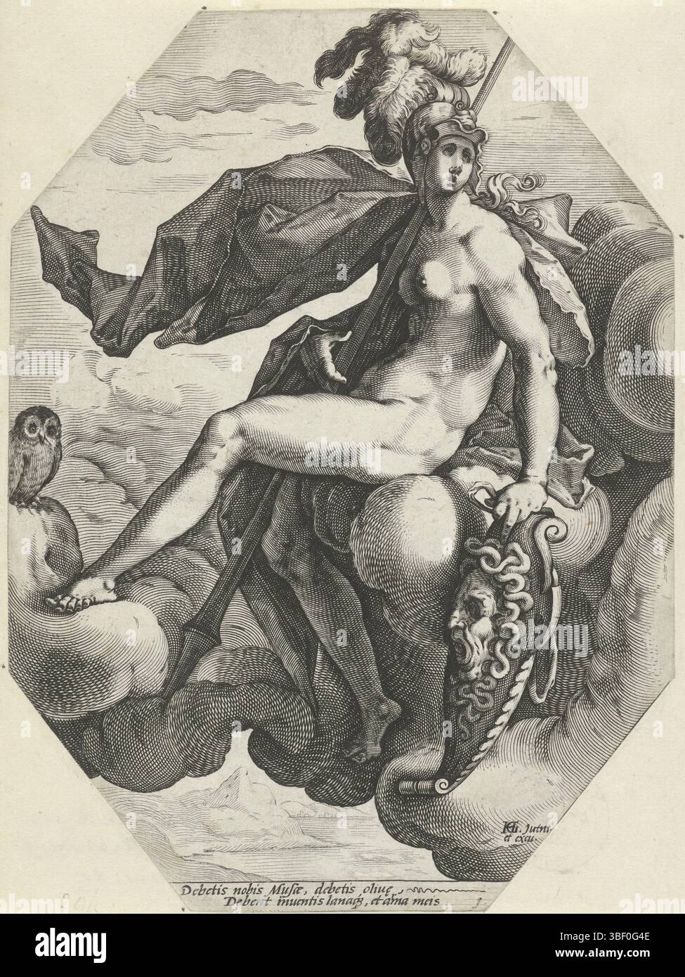 Haarlem, Goltzius, Hendrick, Matham, Jacob, tre dee tra le nuvole, Minerva, Haarlem, verso in basso a sinistra - timbrata, la dea Minerva, seduta su una nuvola. Indossa un casco, ha una lancia e uno scudo ed è accompagnata dal suo attributo: De owl., stampa, altezza 206 mm, larghezza 153 mm, Noord-Nederlands, 1571-10-15 - 1631-01-20, stampatore, 1585 - 1589, carta, incisione, incisione (processo di stampa), ideazione del lavoro, 1558-01 - 1617-01-01, naar print van, pubblicazione (evento), pubblicazione, editore Foto Stock