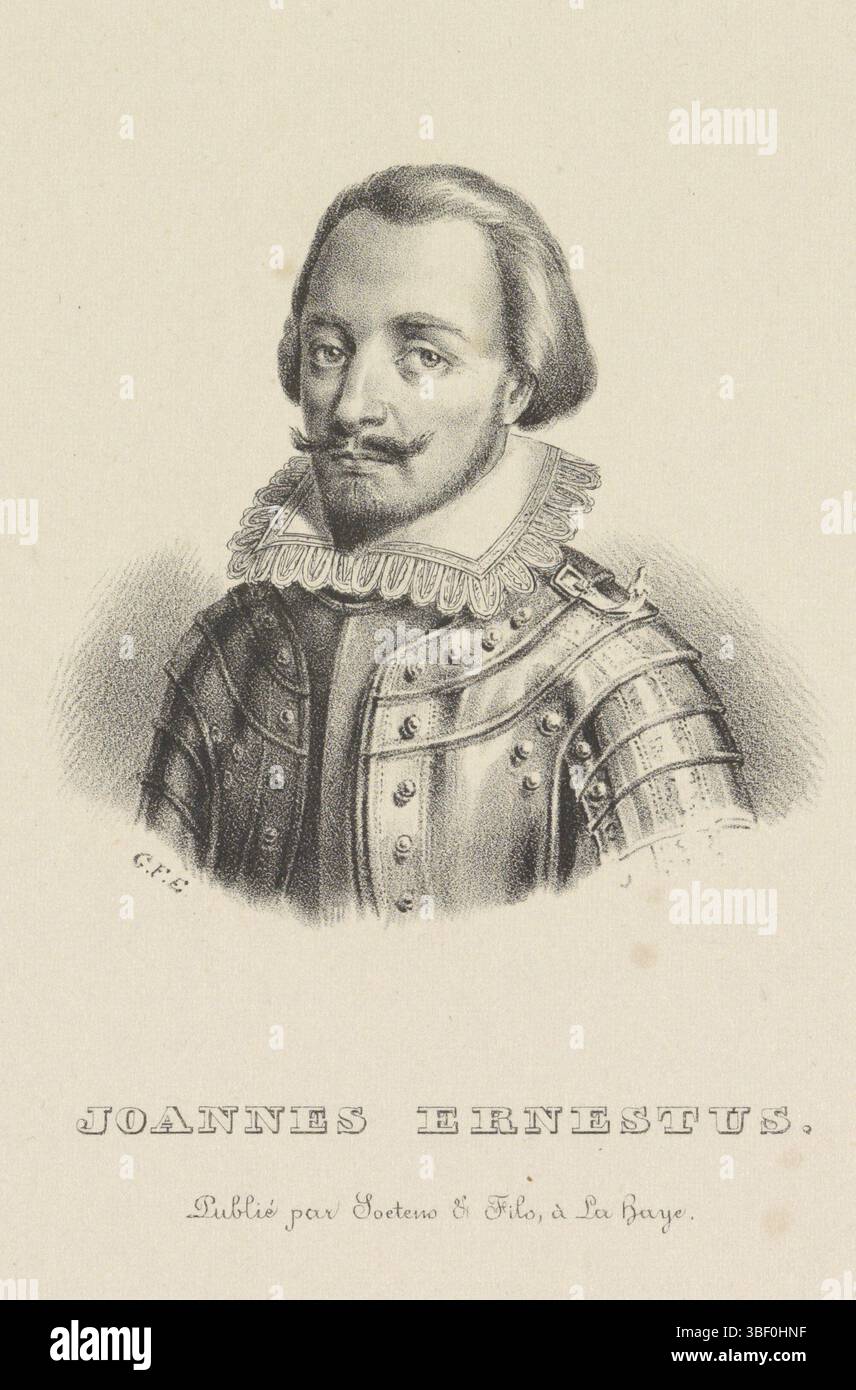 Den Haag, Soetens & Fils, Den Haag, Eilbracht, Gerhardus Fredericus, serie Portrait di Soetens & Fils del 1838, Ritratto di Johan Ernst i van Nassau-Siegen, l'Aia, timbrato verso, il ritratto dei capelli pettinati posteriori, un baffo curato e una barba appuntita. Indossa un'imbracatura e un colletto piatto in piedi con pizzo. Sotto la potretta il suo nome e il numero: 611., stampa, altezza 307 mm, larghezza 252 mm, 1816-08-29 - 1854-01-06, stampatore, 1838 - 1838, carta, litografia (tecnica), pasta, pubblicazione (evento), pubblicazione, editore Foto Stock