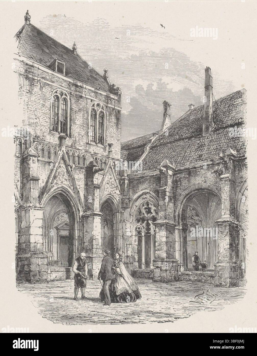 Hekking jr., Willem, Nederland, Kunz, Arie, Kloostergang van de Dom te Utrecht, Paesi Bassi, verso il centro sotto - timbrato, nel cortile un uomo ferma il cappello per una coppia armata. Sullo sfondo un uomo con un bambino cammina attraverso il chiostro., stampa, altezza 227 mm, larghezza 188 mm, 1825 - 1870, stampatore, 1835 - 1925, carta, incisione legno, concezione del lavoro, 1825-02-22 - 1904-01-11 Foto Stock