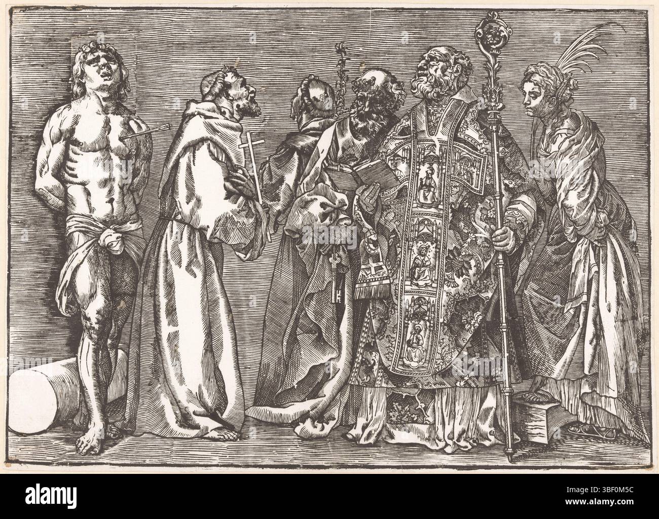 Italia, Boldrini, Nicolò, Venezia, Tiziano, sei santi in piedi, Italia, timbrati verso, sei santi, affiancati: Sebastiaan con freccia nel petto, Francisco con croce, Antonio con giglio, Pietro con chiave, Nicola di Myra con libro e bastone storto e Caterina con ramo palmo del martirio., stampa, altezza 388 mm, larghezza 540 mm, italiano, 1488 - 1576-08-27, stampatore, 1535 - 1535, secondo quarto del xvi secolo, carta, legno, 1500, taglierina a blocchi, tagliato in legno Foto Stock