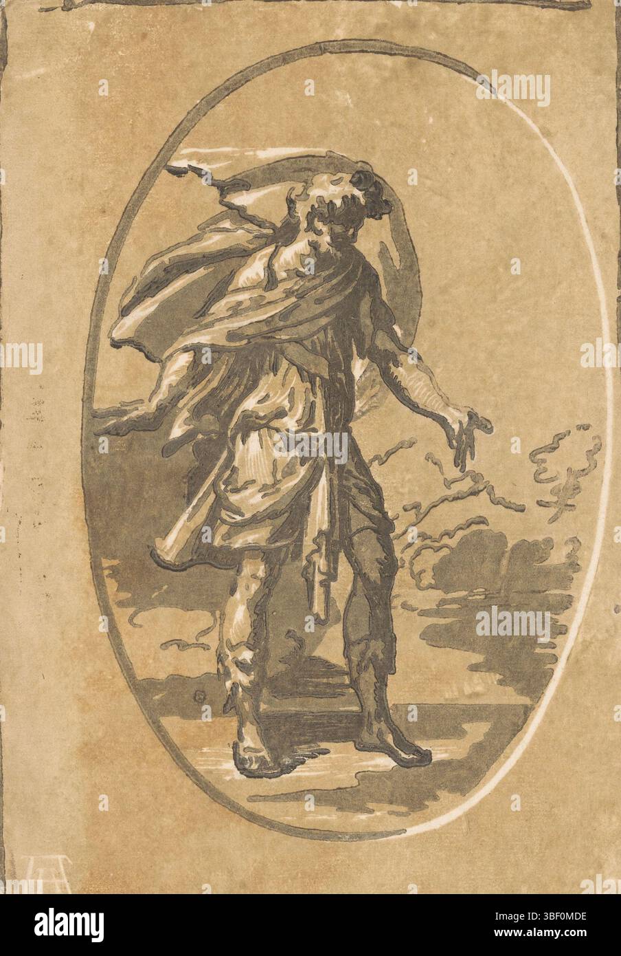 Italia, Andreani, Andrea, Parmigianino, Italia, Carpi, Ugo da, sorpresa, uomo con le braccia spalmate in un paesaggio, stampato verso, Un uomo con le braccia spalmate in piedi in un paesaggio, forse Giasone che vede il mare., stampa, altezza 277 mm, larghezza 196 mm, italiano, stamperia, 1502 - 1532, terzo quarto xv secolo, quarto xv secolo, primo quarto xvi secolo, secondo quarto xvi secolo, carta, clair-obscur-wood, 1503-01-11 - 1540-08-24, disegnatore intermedio, dopo il disegno, pubblicazione, 1559 - 1629, editore Foto Stock