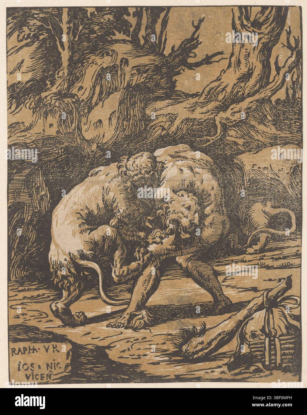 Italia, Raffaello, Italia, Vicentino, Niccolò, Ercole e il leone neemeico, verso ontbeeld - stampato, in un paesaggio Ercole è in battaglia con il leone neemeico. In primo piano la mazza di Ercole., stampa, altezza 246 mm, larghezza 192 mm, italiano, Printmaker, 1540 - 1550, primo quarto del XVI secolo, carta, clair-obscur-woodcut, concetto di lavoro, 1483-04-07 - 1520-04-07 Foto Stock