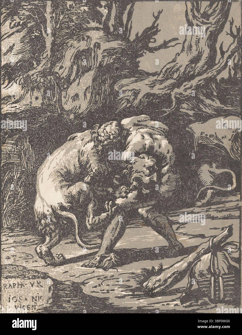 Italia, Raffaello, Italia, Vicentino, Niccolò, Ercole e il leone Nemeo, stampato verso, in un paesaggio Ercole è in battaglia con il leone Nemeo. In primo piano la mazza di Ercole., stampa, altezza 251 mm, larghezza 192 mm, italiano, Printmaker, 1540 - 1550, primo quarto del XVI secolo, carta, clair-obscur-woodcut, concetto di lavoro, 1483-04-07 - 1520-04-07 Foto Stock