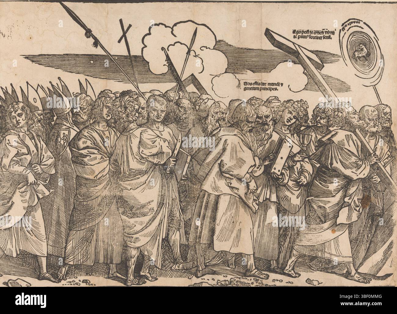 Italia, Tiziano, Trionfo di Cristo (seconda parte), Italia, vero - timbrato, parte del Trionfo di Cristo con diversi santi con strumenti di tortura. In più punti testo in latino., stampa, altezza 383 mm, larghezza 533 mm, stampatore, 1517 - 1517, primo quarto del XVI secolo, carta, xilografie, concezione del lavoro, italiano, 1488 - 1556-08-27 Foto Stock