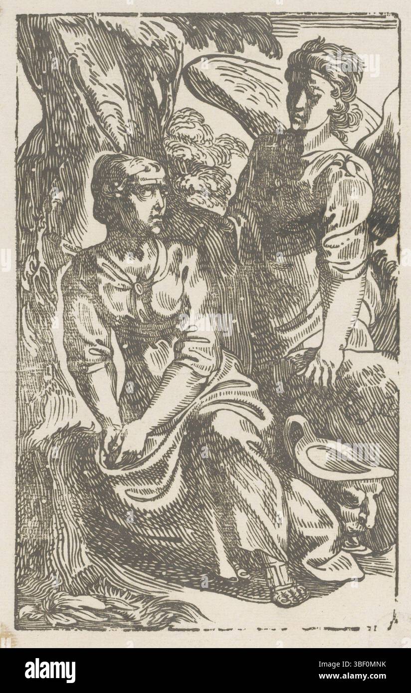 L'Aia, Wtenbrouck, Moyses van, Hagar e l'angelo, l'Aia, verso il basso a sinistra - timbrato, Hagar si trova nel deserto vicino a un pozzo, dove un angelo del Signore le rivolge e le ordina di tornare indietro., stampa, altezza 287 mm, larghezza 194 mm, olandese settentrionale, 1600 - 1647, stampatore, 1615 - 1615, carta, xilografica Foto Stock