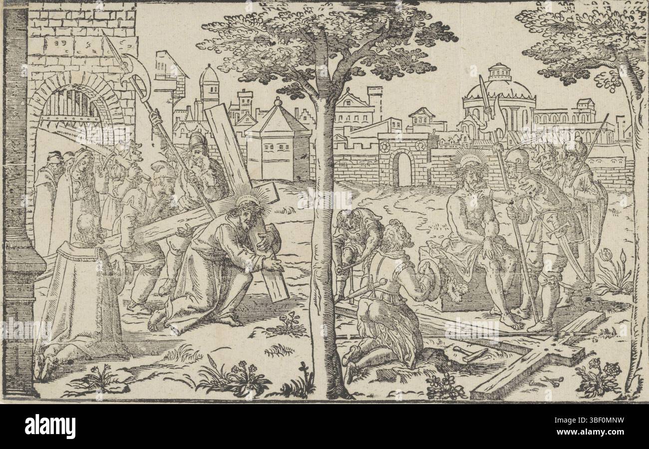 I Paesi Bassi, Crocifissione di Cristo e Cristo è spogliata, Paesi Bassi, verso sinistra sotto - timbrato, Cristo sinistro è aiutato a portare la croce. A destra, Cristo è spogliato dei suoi vestiti sul Calvario. La croce alla quale sarà inchiodato giace a terra., stampa, altezza 182 mm, larghezza 288 mm, stampatore, 1550 - 1599, carta, legno Foto Stock