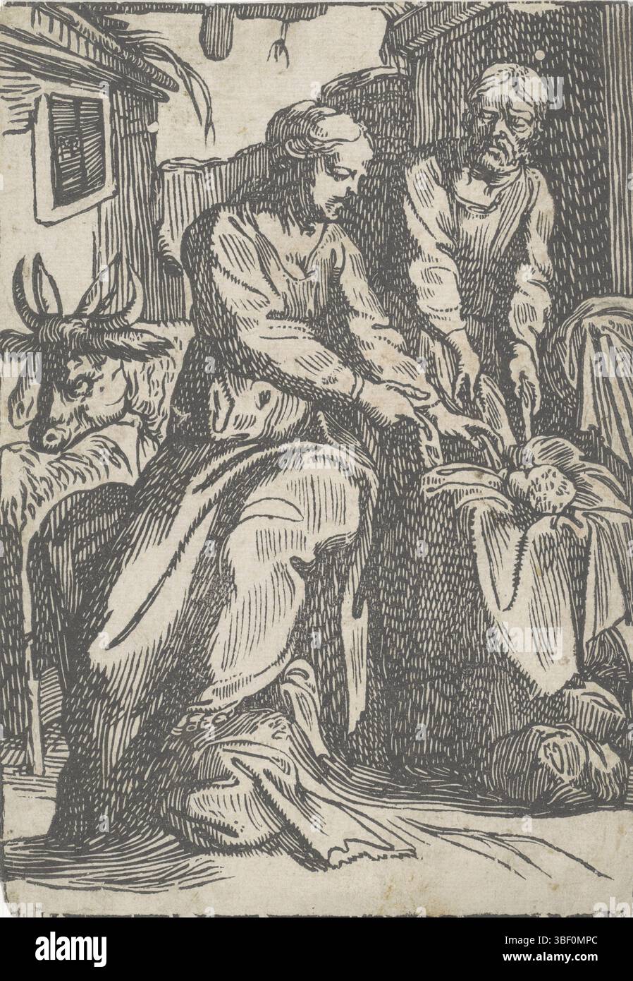 L'Aia, Wtenbrouck, Moyses van, nascita di Cristo, l'Aia, verso middle - impresso, Maria e Jozef nella stalla con il bue e l'asino accanto al presepe con il bambino., stampa, verso in basso a sinistra - timbrato, altezza 193 mm, larghezza 135 mm, Paesi Bassi del Nord, 1600 - 1647, stampatrice, 1615 - 1615, carta, taglio legno Foto Stock