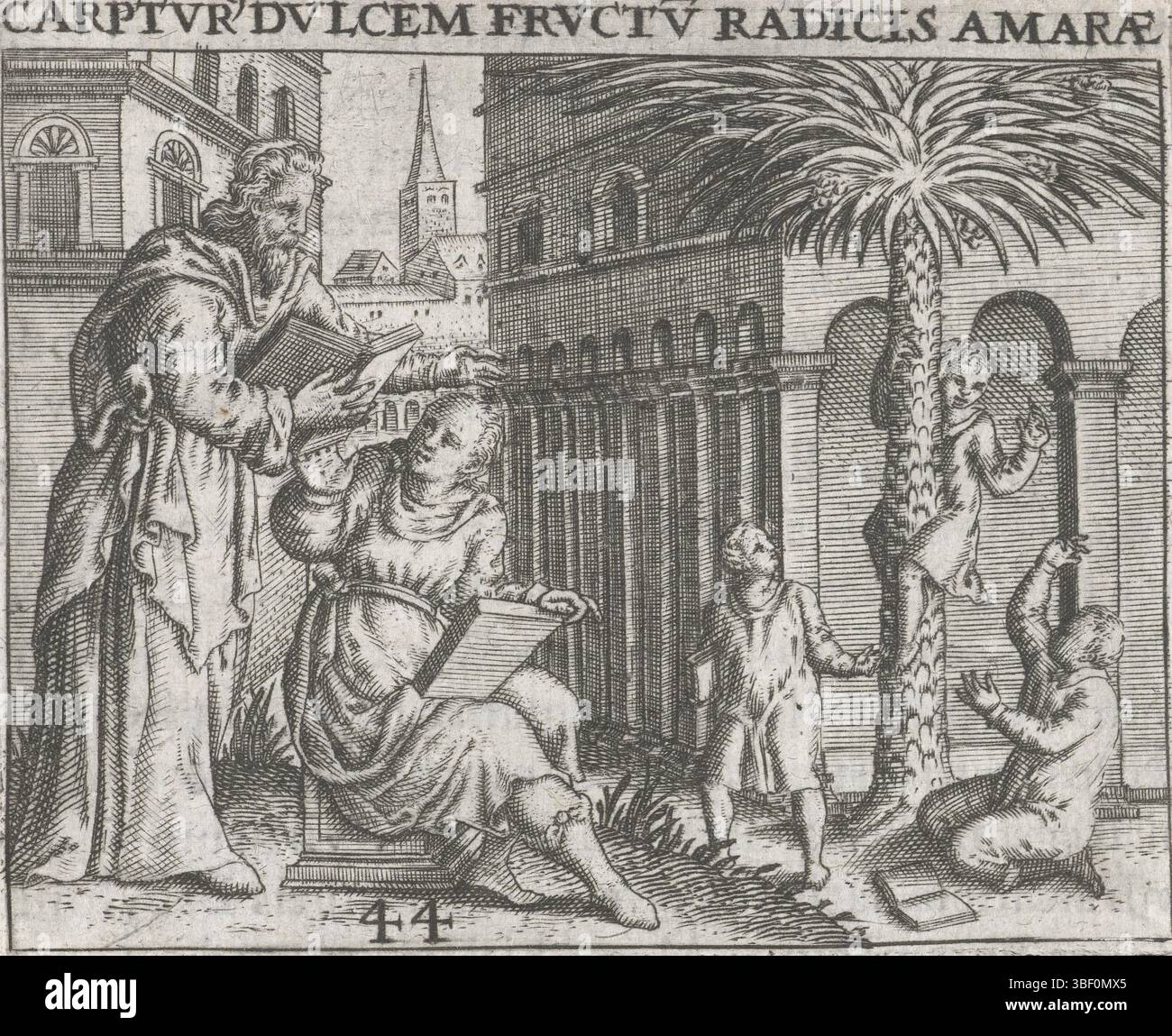 Lebey de Batilly, Denis, Francoforte sul meno, Bry, Theodor de, Boissard, Jean Jacques, Denis Lebey de Batilly, Emblemata, 1596, CAPTVR. DVLCEM FRVCTV. RADICIS AMARAE, insegnante con un buon allievo, verso-timed, Un insegnante è nell'insegnamento all'aperto. Uno studente siede bene sui suoi libri. Altri tre bambini hanno gettato i loro libri per terra e giocano su un albero., stampa, illustrazione del libro, emblema, stampe, altezza 65 mm, larghezza 80 mm, Zuid-Nederlands, 1528 - 1598-03-27, stampatore, 1596 - 1596, quarto trimestre xvi secolo, carta, incisione, incisione (processo di stampa), 1528 - 1598, dramma intermedio Foto Stock