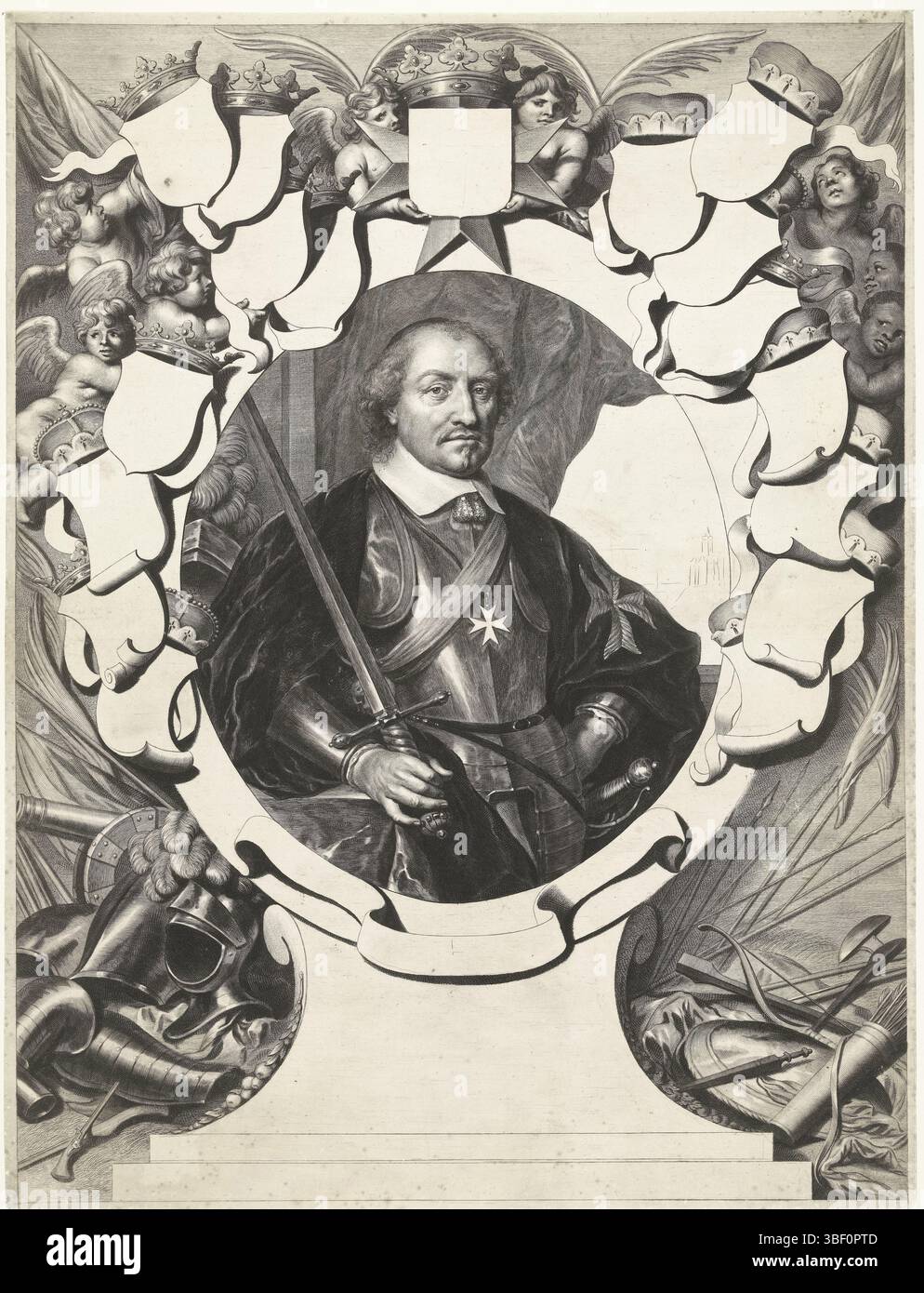 Flinck, Govert, Amsterdam, Dalen, Cornelis van (II), ritratto di Johan Maurits, principe di Nassau-Siegen, in una cornice ovale con stemmi e armature, verso - timbrato, principe di Nassau-Siegen e governatore generale del Brasile olandese, in una cornice ovale con stemmi e armature coronati. Questo stato iniziale manca del volto di Kleve dietro il Conte, delle armi sugli scudi e dei segni sui cartigli e sul piede., stampa, altezza 606 mm, larghezza 46 mm, Nord-olandese, 1638-12-28 - 1664-10-09, stampatore, 1658 - 1658, carta, incisione, incisione (processo di stampa), Paesi Bassi settentrionali, 1615-01-25 - 1660-02 Foto Stock