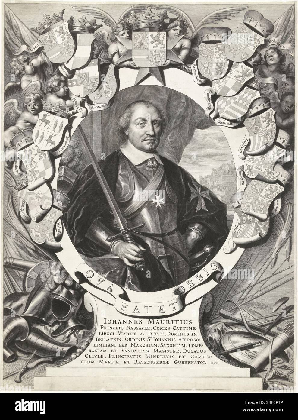 Flinck, Govert, Amsterdam, Dalen, Cornelis van (II), Iohannes Mauritius Princeps Markae et Ravensbergae Gubernator. Ecc., Ritratto di Johan Maurits, principe di Nassau-Siegen, in cornice ovale con stemmi e armature, timbrato verso, Ritratto di Johan-Maurits, principe di Nassau-Siegen e governatore generale del Brasile olandese, in cornice ovale con stemmi e armature coronati. Dietro il gelo una faccia su Kleve. Sul nastro motto: QVA patet orbis., stampa, altezza 598 mm, larghezza 456 mm, Paesi Bassi settentrionali, 1638-12-28 - 1664-10-09, stampatore, 1658 - 1658, carta, incisione, incisione (processo di stampa), Foto Stock