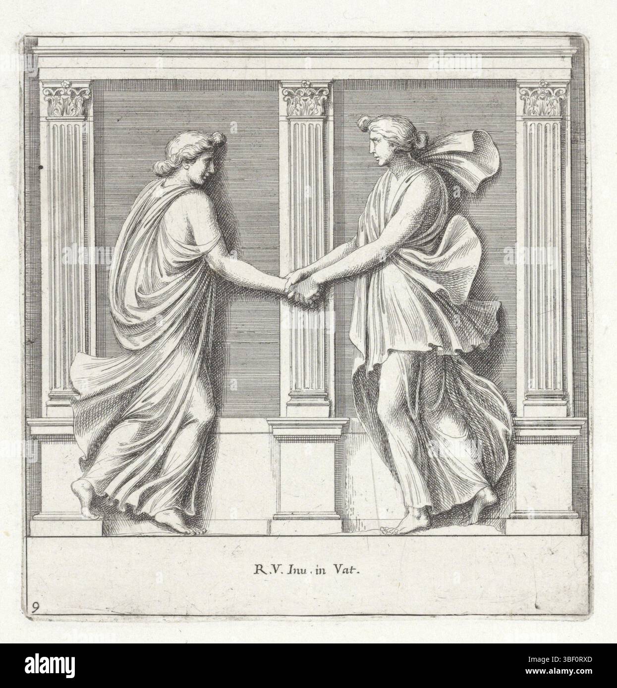 Roma, Rossi, Giovanni Giacomo de', città del Vaticano, Raffaello, Italia, Bartoli, Pietro Sante, rilievi nella Loggia di Raffaello, due figure danzanti, Roma, due donne danzanti per tre pilastri., stampa, altezza 136 mm, larghezza 132 mm, italiano, 1615 - 1700-11-07, macchina per stampa, 1645 - 1700, carta, incisione, incisione, processo di stampa), tiratore intermedio, dopo il disegno, concetto di lavoro, 1483-04-07 - 1520-07, secondo la progettazione, secondo la pubblicazione (evento), pubblicazione, 1627 - 1700-11-07 Foto Stock