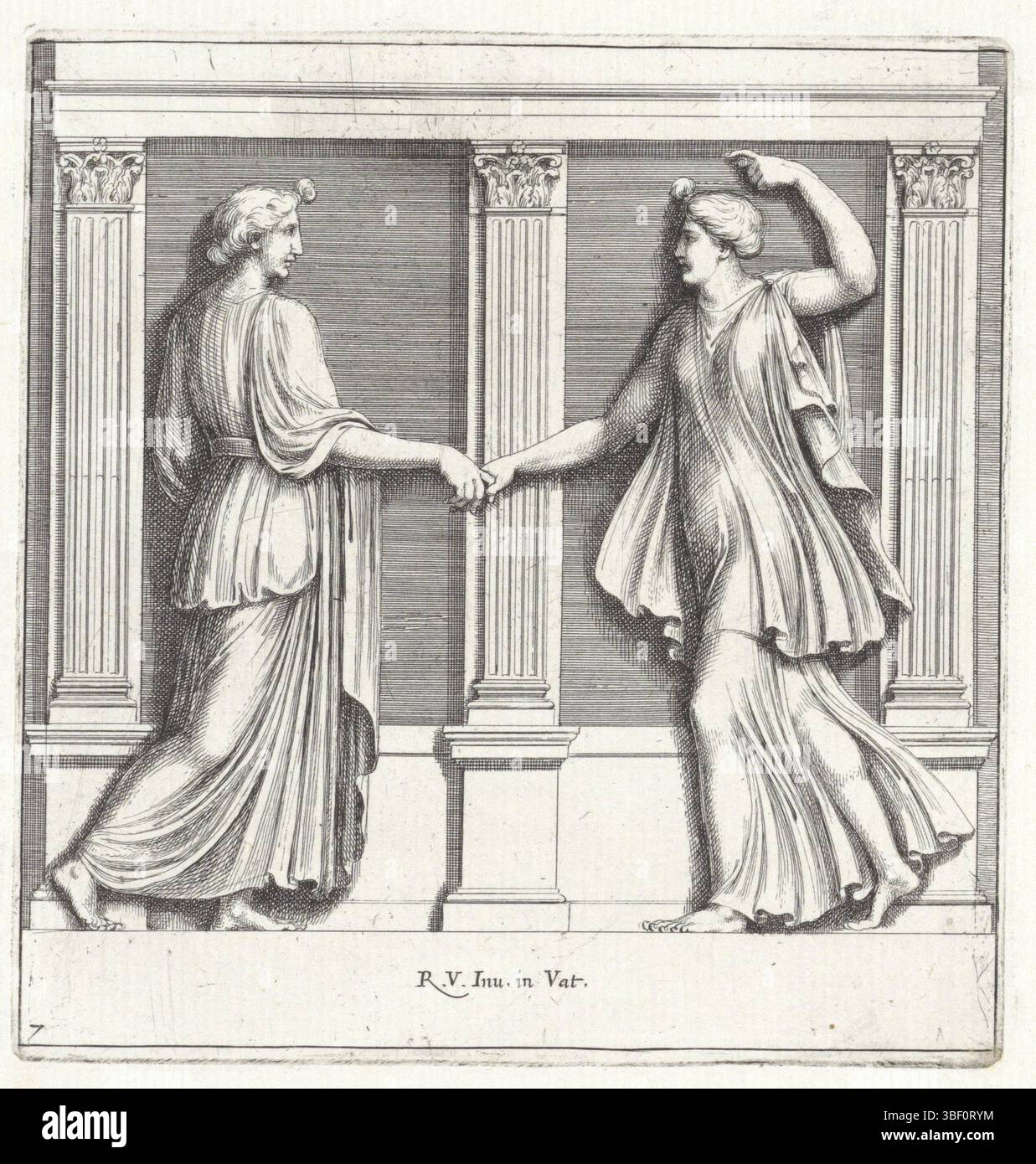 Roma, Rossi, Giovanni Giacomo de', città del Vaticano, Raffaello, Italia, Bartoli, Pietro Sante, Relievens in the Loggia di Raffaello, due figure danzanti, Roma, due figure danzanti per tre pilastri., stampa, altezza 136 mm, larghezza 131 mm, italiano, 1615 - 1700-11-07, macchina per stampa, 1645 - 1700, carta, incisione, incisione, processo di stampa), tiratore intermedio, dopo il disegno, concezione del lavoro, 1483-04-07 - 1520-07, dopo la progettazione, concetto di lavoro, secondo la pubblicazione (evento), pubblicazione, 1627 - 1700-11-07 Foto Stock