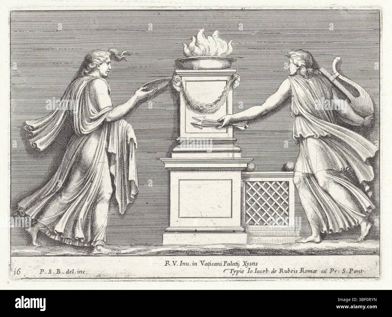 Roma, Rossi, Giovanni Giacomo de', città del Vaticano, Raffaello, Italia, Bartoli, Pietro Sante, rilievi nella Loggia di Raffaello, Offerritual, Roma, altare con a sinistra una figura in scala e a destra una figura con argano e due frecce (Apollo?)., stampa, altezza 131 mm, larghezza 178 mm, italiano, 1615 - 1700-11-07, stampatore, 1645 - 1700, carta, incisione, incisione, processo di stampa), tiratore intermedio, dopo il disegno, Work Concept, 1483-04-07 - 1520-07, by design, 1520-04, by pubblicazione, 1627, Foto Stock