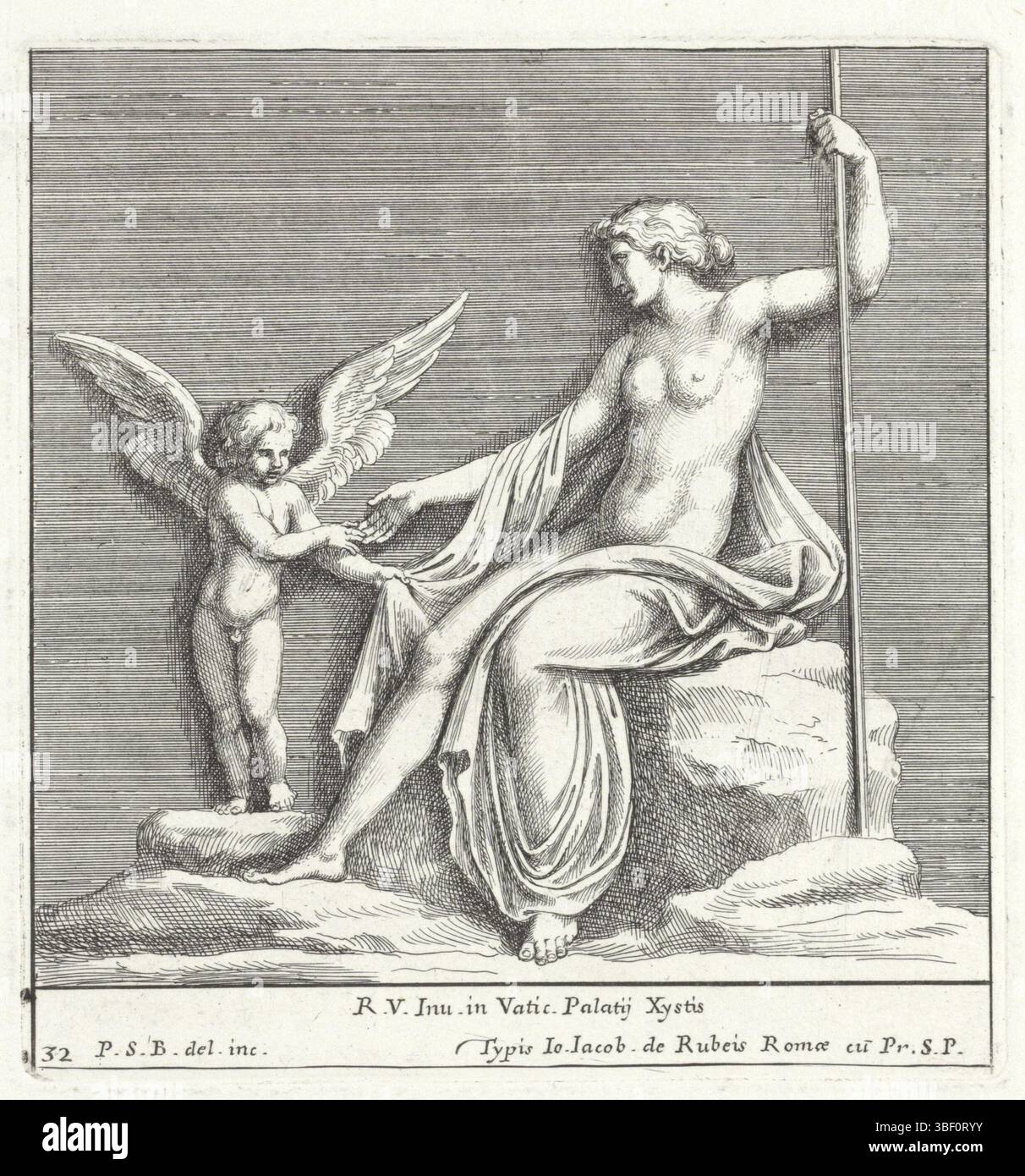 Roma, Rossi, Giovanni Giacomo de', città del Vaticano, Raffaello, Italia, Bartoli, Pietro Sante, rilievi nella Loggia di Raffaello, Venere e Amore, Roma, Venere siede su una roccia e tiene la mano di Amor., stampa, altezza 135 mm, larghezza 127 mm, italiano, 1615 - 1700-11-07, macchina per stampa, 1645 - 1700, carta, incisione, incisione, stampa (processo di stampa), tiratore intermedio, dopo il disegno, concezione del lavoro, 1483-04-07 - 1520-04-07, secondo design, concetto di lavoro, 1483-04-07 - 1520-07, per design, pubblicazione (evento), Foto Stock