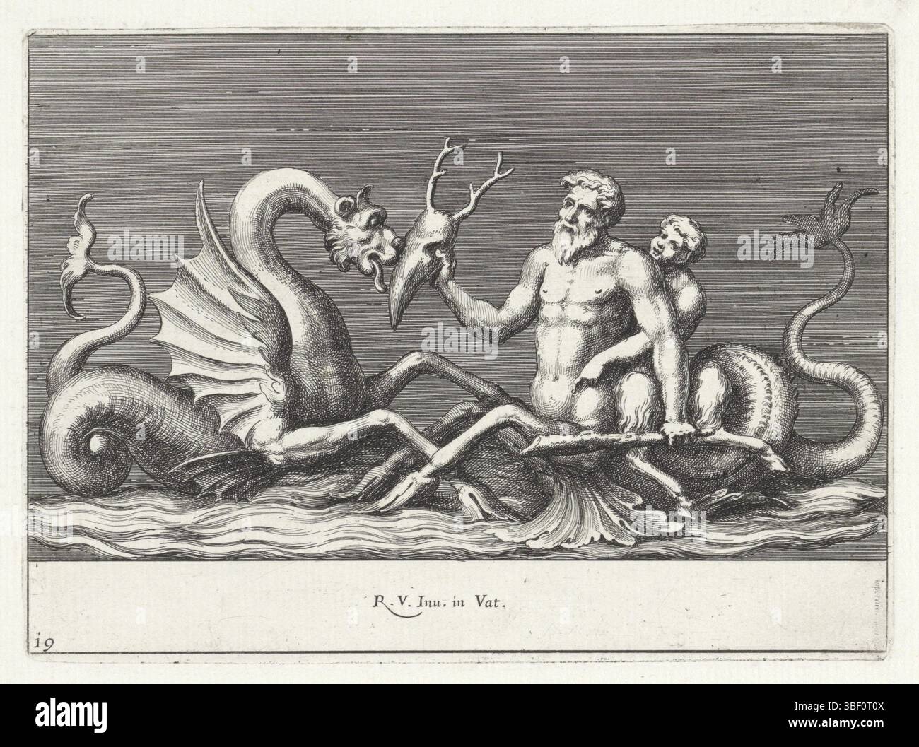 Roma, Rossi, Giovanni Giacomo de', città del Vaticano, Raffaello, Italia, Bartoli, Pietro Sante, Relievens nella Loggia di Raffaello, Tritone ha un teschio per un mostro marino, Roma, Un tritone con un sater sulla schiena regge un teschio per un mostro marino., stampa, 128 mm, larghezza 176 mm, italiano, 1615 - 1700-11-07, stampatore, 1645 - 1700, carta, incisione, incisione (processo di stampa), intermediario Draw man, dopo il disegno, concezione del lavoro, 1483-04-07 - 1520-07, dopo la progettazione, concetto di lavoro, 1483-04-07 - 1520-04-07, 1520-07, alla pubblicazione, pubblicazione, Foto Stock