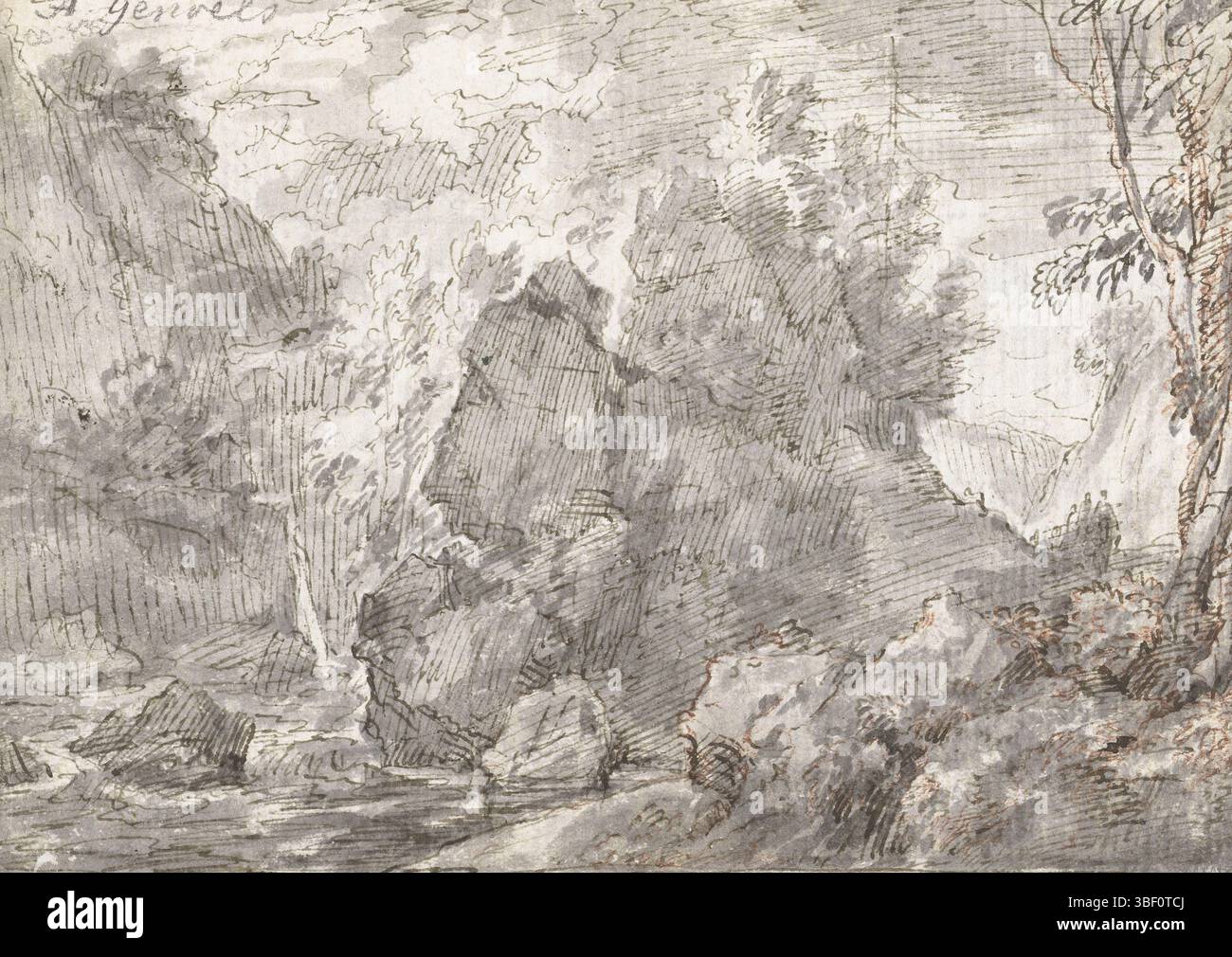 Genolli, Abramo (II), blocchi di roccia e alberi vicino a un torrente, disegno, altezza 115 mm, larghezza 159 mm, draggtsman, 1686 - 1688, quarto quarto quarto del xvii secolo, carta, inchiostro, gesso, penna, pennello, creazione espressione Foto Stock