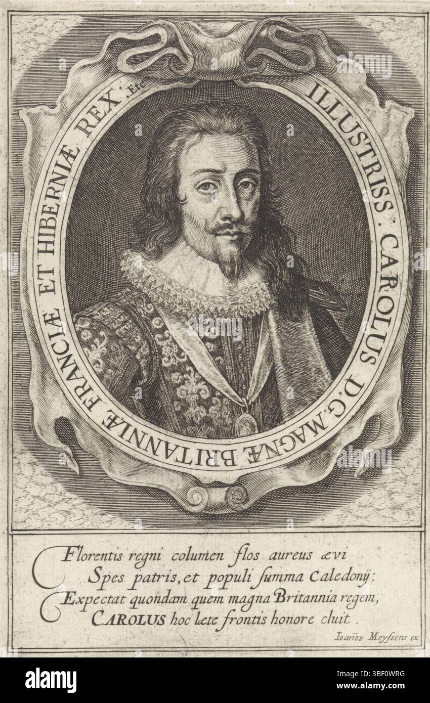 Meyssens, Joannes, sconosciuto, Passe, Simone del, Carlo i, Re d'Inghilterra, Ritratto di Carlo i, Re d'Inghilterra. Sul bordo del testo il nome e la funzione del ritratto in latino. A margine, un poema di lode di quattro righe in latino., stampa, altezza 167 mm, larghezza 111 mm, Noord-Nederlands, 1595 - 1647-05-06, stampatore, 1625 - 1647, carta, incisione, incisione (processo di stampa), pubblicazione (evento), pubblicazione, 1612-05-17 - 1670-09-18, editore Foto Stock