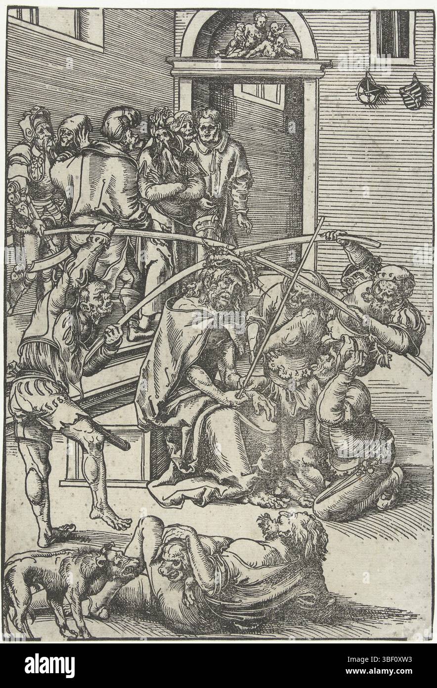 Germania, Cranach, Lucas (i), passione di Cristo, Corona di Thorn, Germania, verso sinistra sotto - timbrati, i soldati di Pilato incoronarono il Cristo seduto con una corona di spine, gli misero un mantello e gli misero uno scettro in mano. Due soldati premono con fermezza la corona sulla testa di Cristo con due bastoncini con grandi spine. Un uomo si inginocchia davanti a lui mentre prende in giro la lingua, un altro uomo giace a terra con due cani che sorridono. Sullo sfondo ci sono diversi uomini del tribunale. Sulla parete superiore destra appendere lo stemma elegante e ducale della Sassonia su due scudi., stampa, illustrazione del libro, pr Foto Stock