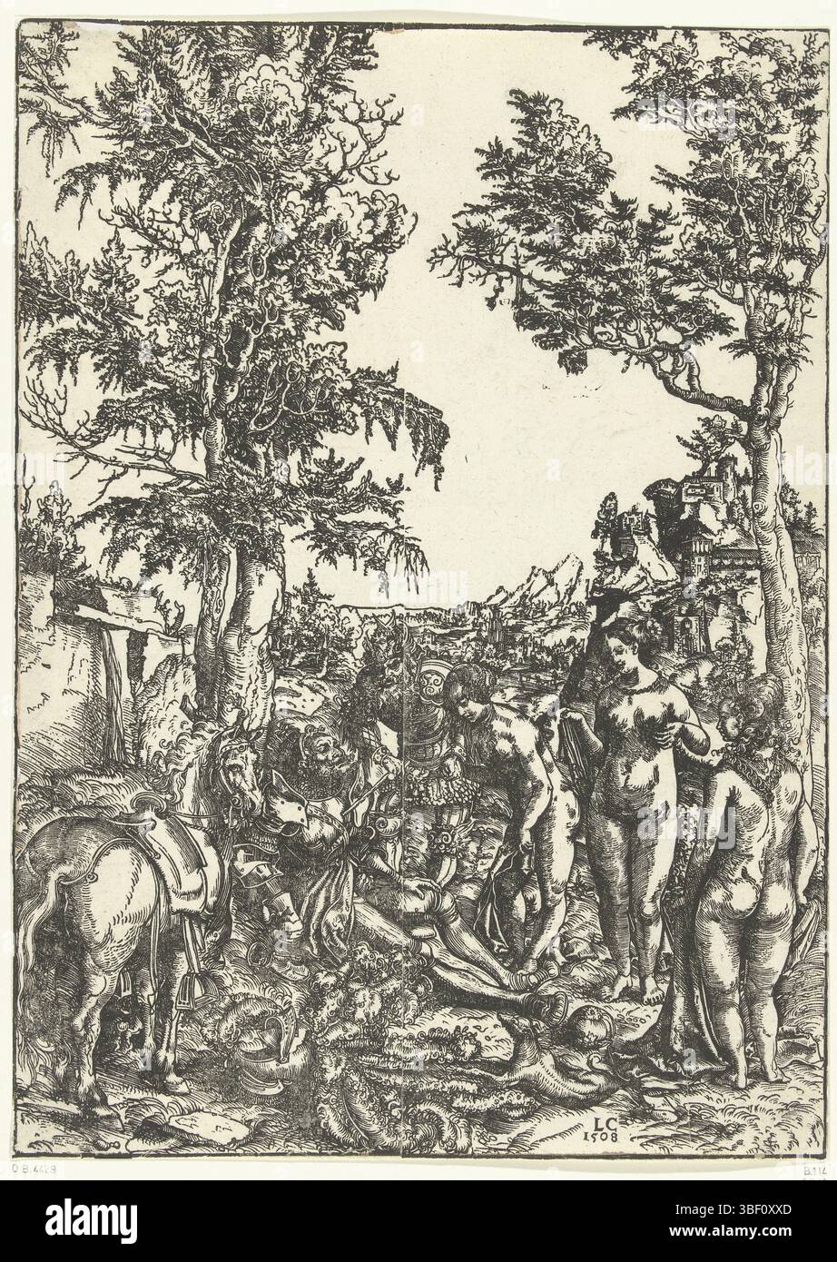 Germania, Cranach, Lucas (i), sentenza di Parigi, Germania, verso in basso a sinistra - timbrato, mercurio risveglia la Parigi addormentata in modo che possa decidere quale delle tre dee Giunone, Minerva o Venere è la più bella. Le donne qui non sono distinguibili per attributi., stampa, altezza 370 mm, larghezza 265 mm, tedesco, 1472 - 1553-10-16, stampatore, 1508 - 1508, primo quarto del xvi secolo, carta, incisione su legno Foto Stock