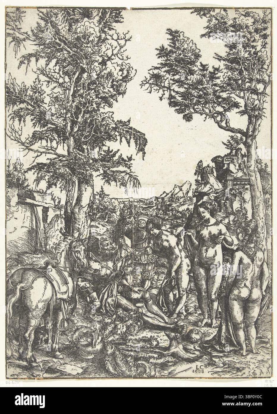 Germania, Cranach, Lucas (i), sentenza di Parigi, Germania, mercurio risveglia la Parigi addormentata in modo che possa decidere quale delle tre dee Giunone, Minerva o Venere è la più bella. Le donne qui non sono distinguibili per attributi., stampa, altezza 363 mm, larghezza 262 mm, tedesco, 1472 - 1553-10-16, stampatore, 1508 - 1508, primo quarto del xvi secolo, carta, incisione su legno Foto Stock