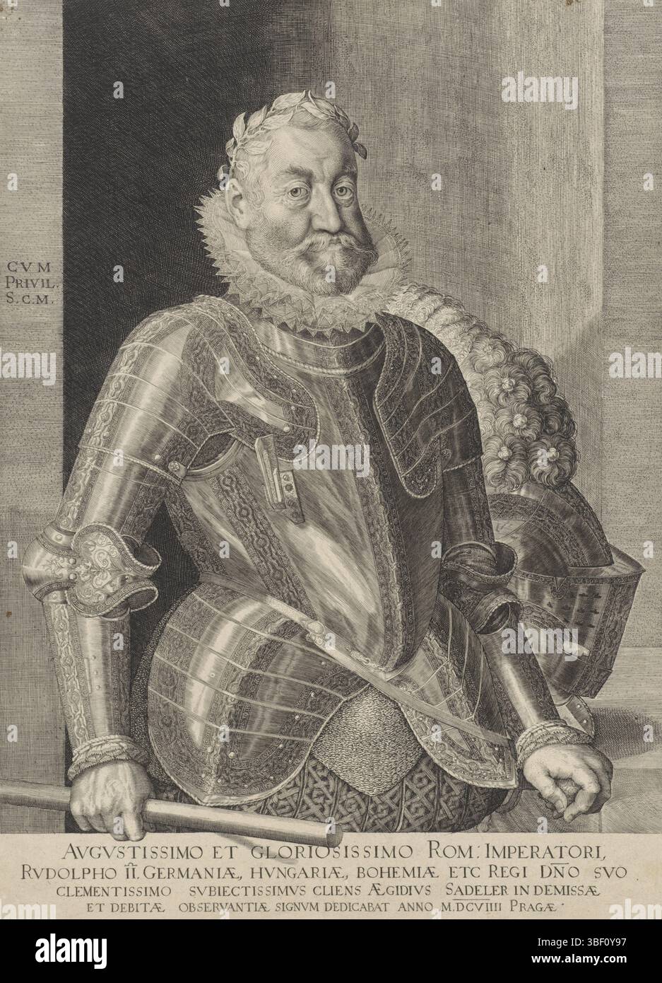 Rodolfo II d'Asburgo (imperatore tedesco), Praga, Sadeler, Egidio, Ritratto dell'imperatore Rodolfo II, al centro - timbrato, Rodolfo II, imperatore del Sacro Romano Impero in armatura, in piedi accanto al tavolo. Nella sua mano destra una canna, nella sua mano sinistra una spada. Con un'assegnazione latina all'imperatore sotto il ritratto., stampa, altezza 308 mm, larghezza 223 mm, olandese meridionale, 1570 - 1629, stampatore, 1609 - 1609, carta, incisione, incisione (processo di stampa), incisione, 1552-07-18-1612-01-20, fornitore di privilegi Foto Stock