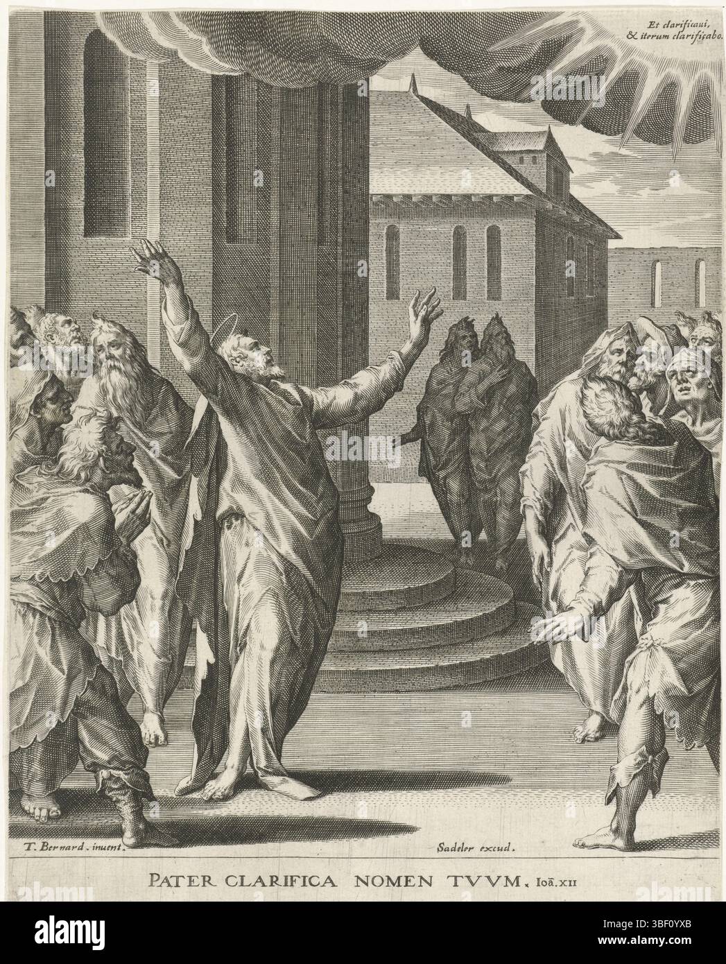 Sadeler, Johann (i), Barendsz., Dirck, sconosciuto, Sadeler, la verità del messaggio di Cristo, Cristo prega Dio, verso lasciato sotto - timbrato, Cristo fuori dal tempio con una folla intorno a lui. Alza le braccia in aria e chiede a Dio di mostrare quanto sia grande il nome di Dio. Un raggio di luce appare nel cielo. Nell'angolo in alto a sinistra il testo latino "et clarificavi & iterum clarificabo" (Giovanni 12:28: Ho mostrato la mia grandezza e mostrerò di nuovo la mia grandezza). La terza stampa di una serie in cinque parti con scene della storia passiva che dovrebbe sostenere il messaggio di Cristo., stampa, altezza 261 mm, larghezza 2 Foto Stock