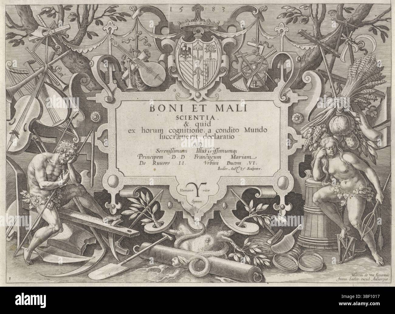 Anversa, Sadeler, Johann (i), Vos, Maerten de, Anversa, Boni et mali scientia, storia della famiglia di Caino, sul buon e cattivo lavoro, elenco ornamentale con Adamo ed Eva, verso in basso a sinistra - timbrato, al centro il titolo della serie in una lista ornamentale, circondato da strumenti, strumenti scientifici e strumenti musicali. L'elenco è affiancato da Adamo (a sinistra) ed Eva (a destra). Al centro del serpente ai piedi dell'albero della conoscenza del bene e del male. Stampa, stampa, stampa del titolo, stampe, altezza 204 mm, larghezza 266 mm, Zuid-Nederlands, 1550 - 1600-08, stampatore, 1583 - 1583, carta, incisione, incisione Foto Stock