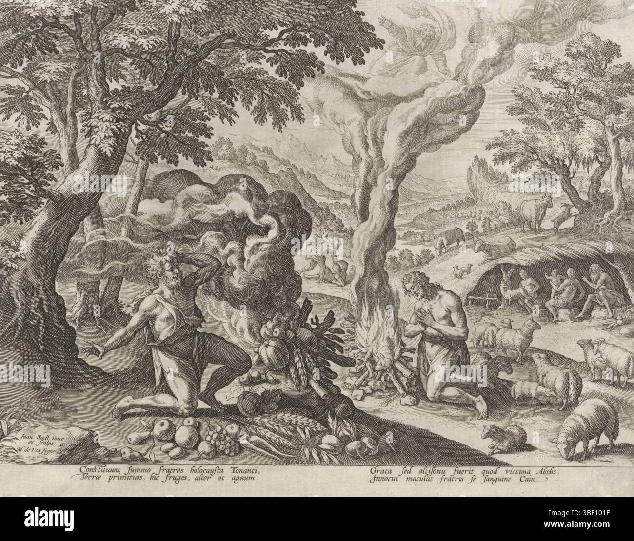 Sadeler, Johann (i), Sadeler, Vos, Maerten de, Anversa, Boni et mali scientia, storia della famiglia di Caino, sul buon e cattivo lavoro, Safer di Caino e Abele, Anversa, verso il basso a sinistra - timbrato, i sacrifici di Caino e Abele. In primo piano, l'altare del sacrificio di Caino, in cui vengono sacrificate le forbici per mais. Il fumo del sacrificio non sale. Sullo sfondo, l'altare di Abele, sul quale vengono sacrificate le pecore. Il fumo sta salendo. Su nel cielo Dio appare tra le nuvole. Dio approva il sacrificio di Abel. Sullo sfondo, l'omicidio di Abel da parte di suo fratello Caino. L'impronta ha una didascalia latina., Foto Stock