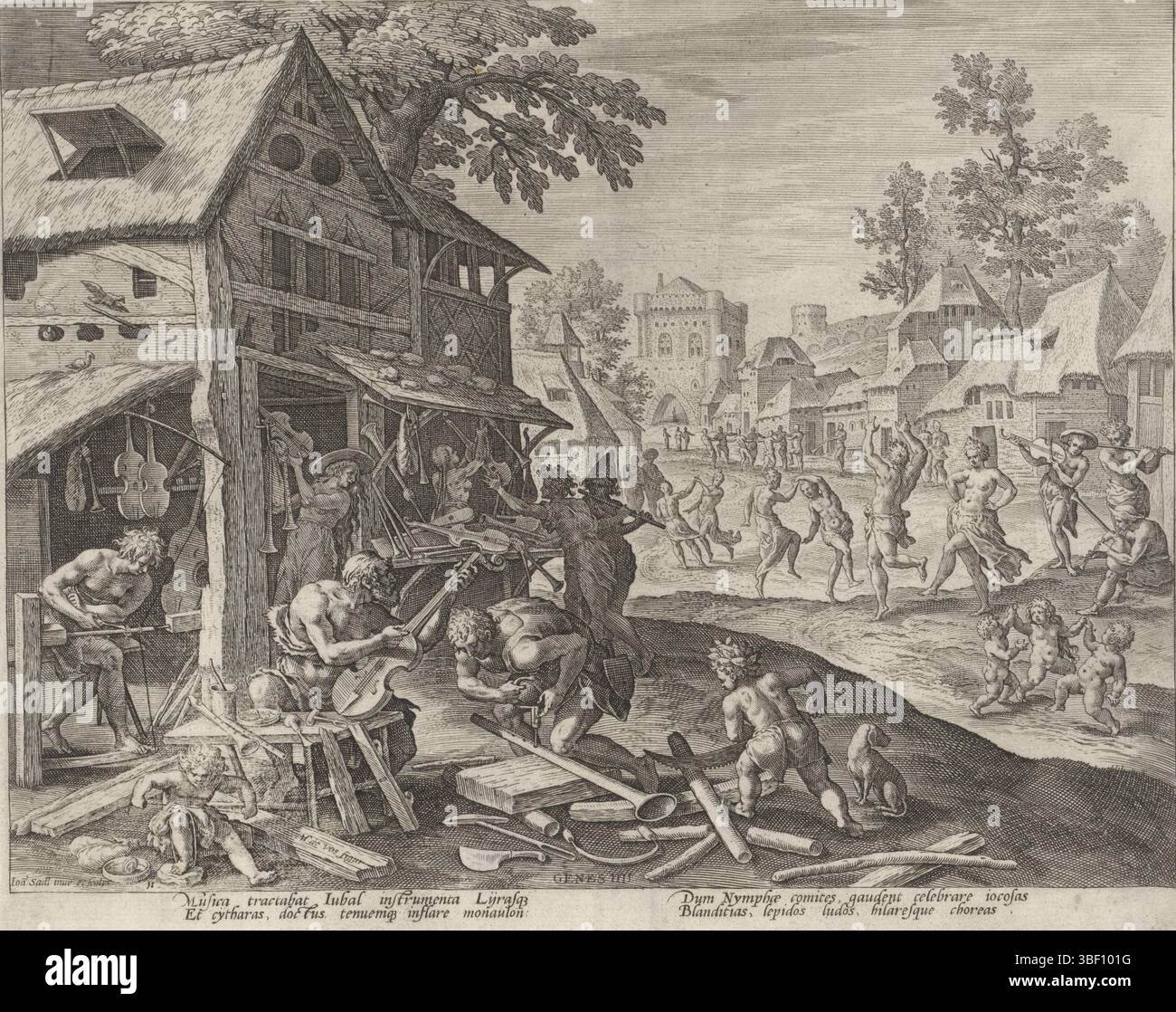 Sadeler, Johann (i), Sadeler, Vos, Maerten de, Anversa, Boni et mali scientia, storia della famiglia di Caino, sul buon e cattivo lavoro, Jubal e la sua famiglia fanno strumenti musicali, verso in basso a sinistra - timbrato, Jubal e la sua famiglia fanno strumenti musicali in un laboratorio. In sottofondo celebrano e suonano con i loro strumenti musicali. La stampa ha una didascalia latina. Stampa, altezza 202 mm, larghezza 251 mm, olandese meridionale, 1550 - 1600-08, stampatore, 1583 - 1583, carta, incisione, incisione (processo di stampa), 1532 - 1603-12-04, tiratore intermedio, dopo il disegno, concezione del lavoro, dopo desig Foto Stock