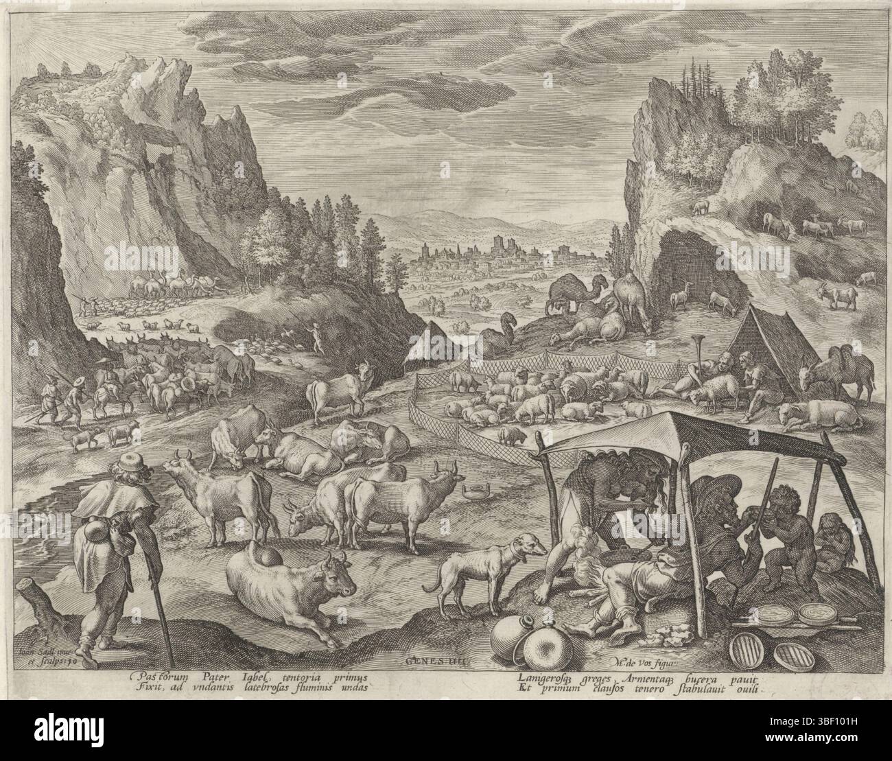 Sadeler, Johann (i), Sadeler, Vos, Maerten de, Anversa, Boni et mali scientia, storia della famiglia di Caino, sul buon e cattivo lavoro, Jabal e la sua famiglia riposano tra il bestiame, verso basso a sinistra - timbrato, Jabal, sua moglie e i suoi figli sono sotto una tenda vela, in mezzo a un gregge riposante. La stampa ha una didascalia latina. Stampa, altezza 201 mm, larghezza 250 mm, olandese meridionale, 1550 - 1600-08, stampatore, 1583 - 1583, carta, incisione, incisione (processo di stampa), 1532 - 1603-12-04, tiratore intermedio, dopo il disegno, concezione del lavoro, dopo la progettazione di, scrittore, pubblicazione (evento), pubblicazione, editore Foto Stock