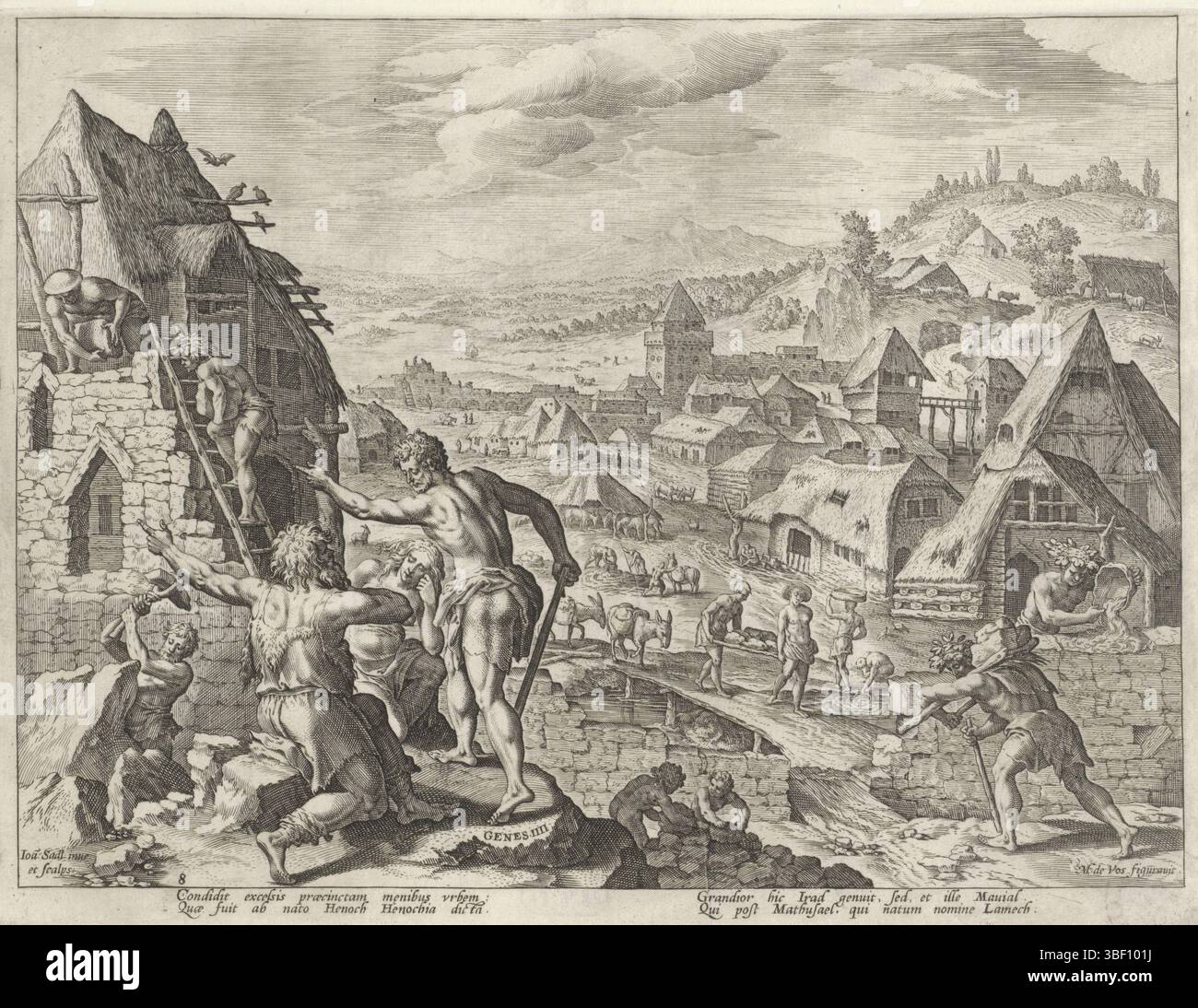 Sadeler, Johann (i), Sadeler, Vos, Maerten de, Anversa, Boni et mali scientia, storia della famiglia di Caino, sul buon e cattivo lavoro, Caino costruisce la città di Henoch, Anversa, verso il basso a sinistra - timbrato, in primo piano Caino. Insieme al suo popolo costruisce una città, che prende il nome da suo figlio Enoch. La stampa ha una didascalia latina. Stampa, altezza 205 mm, larghezza 258 mm, olandese meridionale, 1550 - 1600-08, stampatore, 1583 - 1583, carta, incisione, incisione (processo di stampa), 1532 - 1603-12-04, tiratore intermedio, dopo il disegno, concezione del lavoro, dopo progettazione, scrittore, pubblicazione (evento), pubblicazione Foto Stock