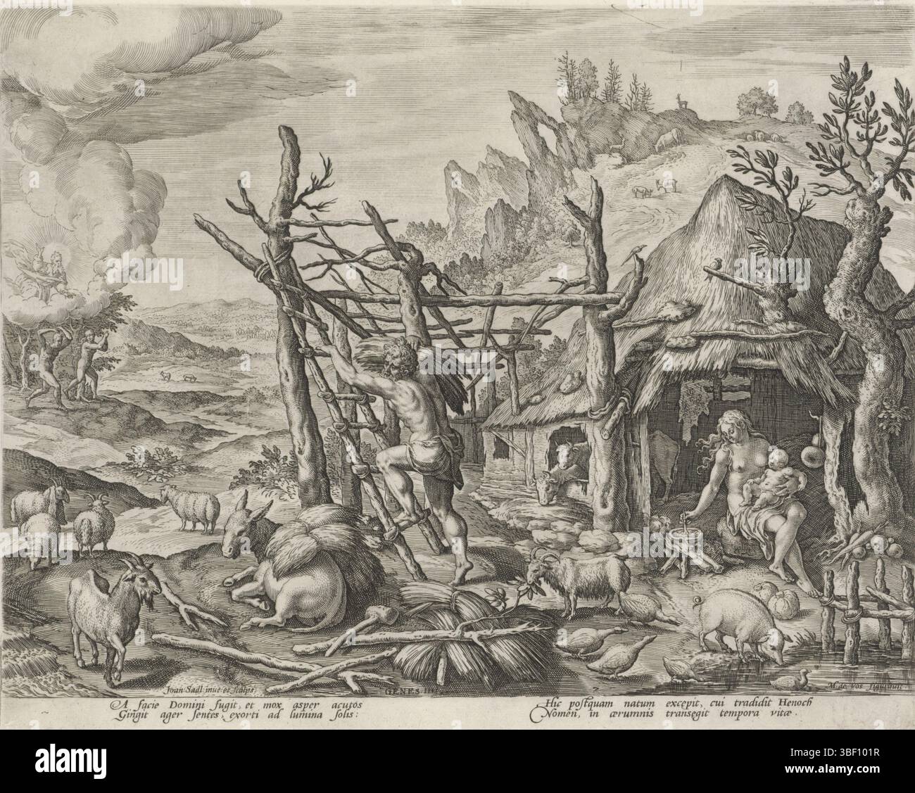 Sadeler, Johann (i), Sadeler, Vos, Maerten de, Anversa, Boni et mali scientia, storia della famiglia di Caino, sul buon e cattivo lavoro, Caino, sua moglie e suo figlio Henoch, verso sinistra - timbrato, in primo piano c'è Caino su una scala con un fascio di paglia sulla spalla. Fa il tetto di una casa. Sullo sfondo, nella cabina, sua moglie con il figlio Enoch da bambino. Pecore e capre camminano sul cortile. Sullo sfondo, Caino è maledetto da Dio per l'omicidio di Abele. La stampa ha una didascalia latina. Stampa, altezza 205 mm, larghezza 258 mm, olandese meridionale, 1550 - 1600-08, stampatore, 1583 - 1583, carta, eng Foto Stock