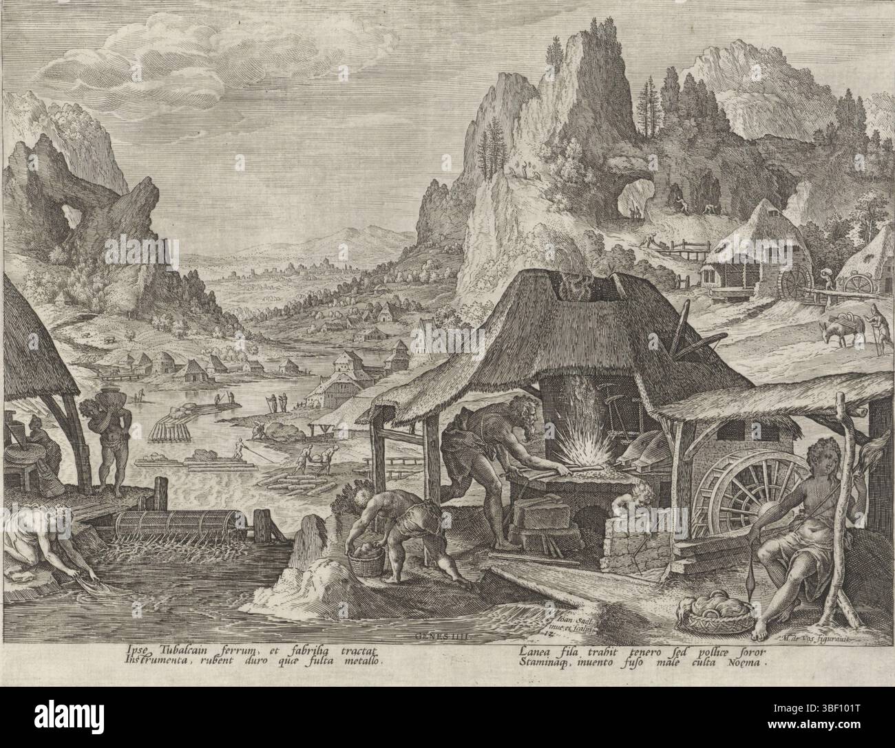 Sadeler, Johann (i), Sadeler, Vos, Maerten de, Anversa, Boni et mali scientia, storia della famiglia di Caino, sul lavoro buono e cattivo, Tubal-Cain nella sua fucina, verso il basso sinistro - timbrato, Tubal-Cain nella sua fucina. Sulla destra c'è sorella Naäma che gira il filato. La stampa ha una didascalia latina. Stampa, altezza 204 mm, larghezza 256 mm, olandese meridionale, 1550 - 1600-08, stampatore, 1583 - 1583, carta, incisione, incisione (processo di stampa), 1532 - 1603-12-04, tiratore intermedio, dopo il disegno, concezione del lavoro, dopo la progettazione, scrittore, pubblicazione (evento), pubblicazione, Paesi Bassi meridionali, editore Foto Stock