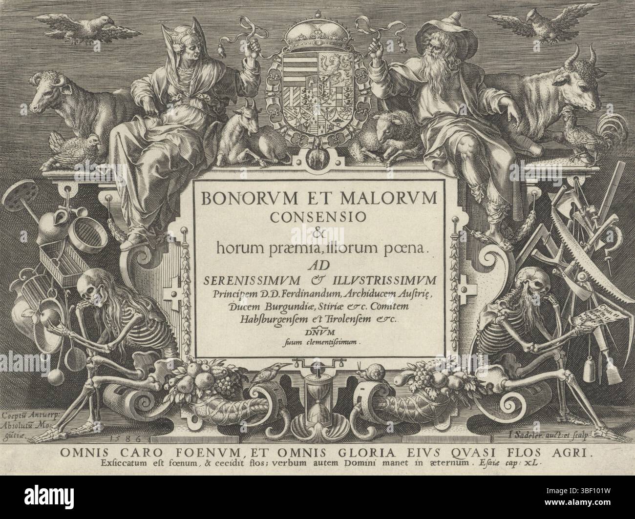 Sadeler, Johann (i), Sadeler, Vos, Maerten de, Anversa, Bonorvm et Malorvm consensio, Bonorum et Malorum consensio, storia della famiglia dell'insieme, sul buon e il cattivo giudizio, lista ornamentale con Noè e sua moglie, Anversa, verso verso-timbrato, titolo in una lista ornamentale composta da due corna di abbondanza, attrezzi agricoli e sinistra e destra gli scheletri di Adamo ed Eva. Eva (a sinistra) guarda la mela che ha causato la caduta. Adam guarda una foglia con la citazione "odori, polvere ritorni" in latino. Al centro sopra lo stemma di Ferdinando II van Tirol, tenuto da Noè e sua moglie. Foto Stock