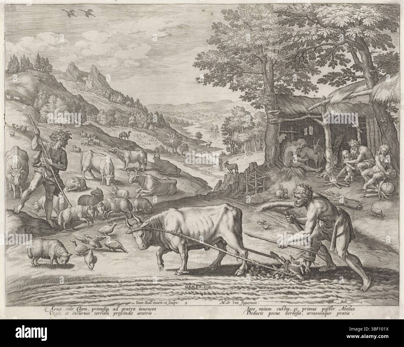 Sadeler, Johann (i), Sadeler, Vos, Maerten de, Anversa, Boni et mali scientia, storia della famiglia Caino, sul buon e cattivo lavoro, Caino e Abele come contadino e pastore, verso il basso a sinistra - timbrato, Caino ara un campo con un trekos. Abel si prende cura di una mandria di mucche e pecore. Sullo sfondo a destra la cabina di Adamo ed Eva. La stampa ha una didascalia latina. Stampa, altezza 210 mm, larghezza 257 mm, olandese meridionale, 1550 - 1600-08, stampatore, 1583 - 1583, carta, incisione, incisione (processo di stampa), 1532 - 1603-12-04, tiratore intermedio, dopo il disegno, concezione del lavoro, dopo la progettazione, scrittore, Foto Stock