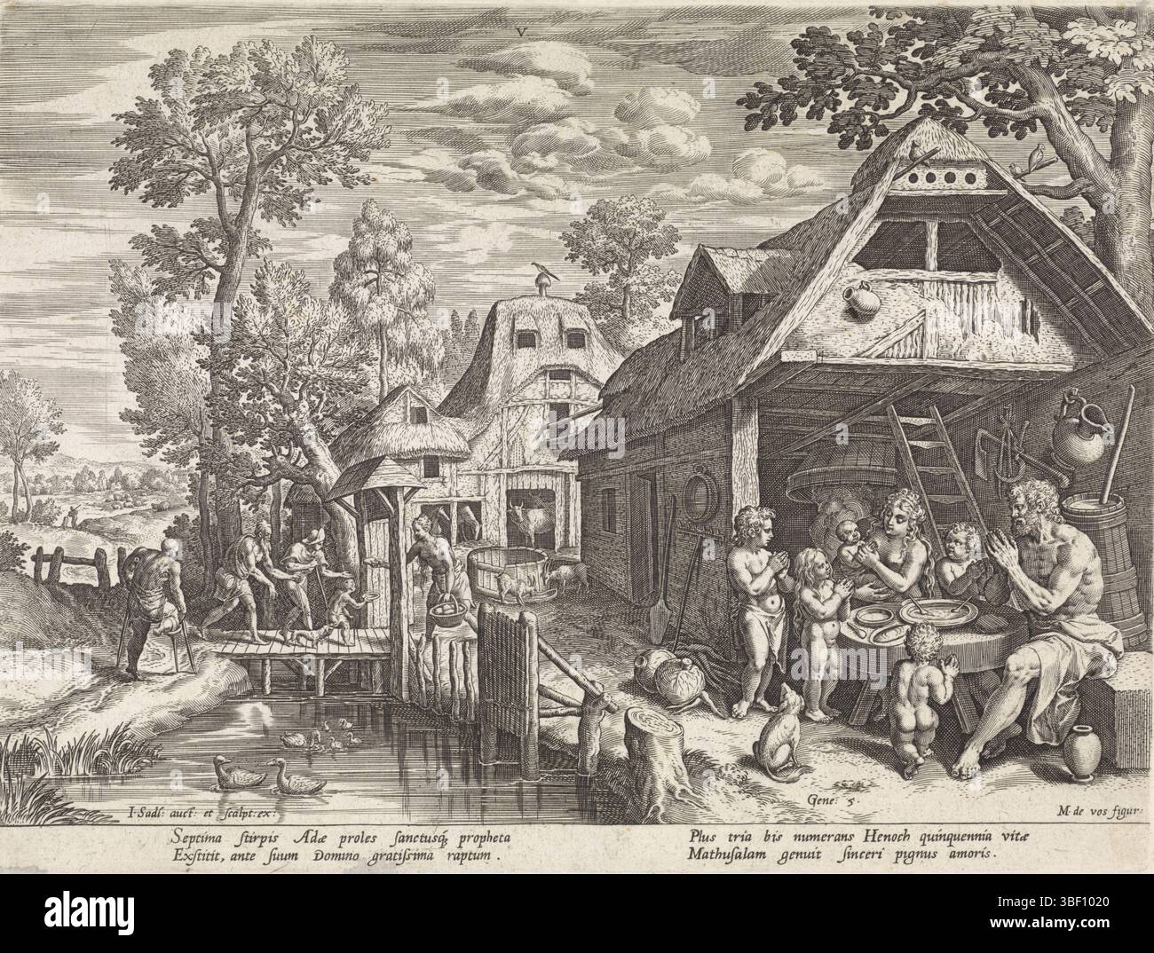 Anversa, Sadeler, Johann (i), Vos, Maerten de, Anversa, Bonorum et Malorum consensio, storia della famiglia del set, sul buon e il cattivo giudizio, Enoch e la sua famiglia, Anversa, verso il basso a sinistra - timbrato, Enoch siede al tavolo con la sua famiglia. Tra le braccia di sua moglie il neonato Metuselach. La famiglia prega Dio per il cibo. Sullo sfondo, il cibo viene distribuito a mendicanti e storpi. La stampa ha una didascalia latina, stampa, altezza 205 mm, larghezza 273 mm, Zuid-Nederlands, 1550 - 1600-08, stampatore, 1586 - 1586, carta, incisione, incisione (processo di stampa), 1532 - 1603-12-04, inter Foto Stock