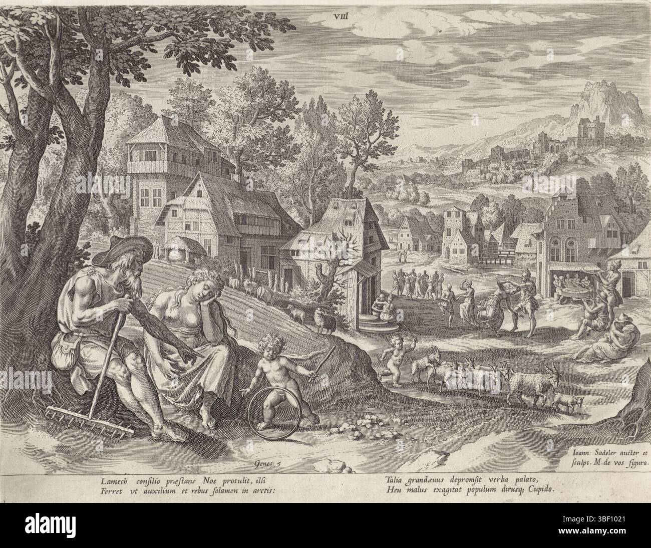 Anversa, Sadeler, Johann (i), Vos, Maerten de, Anversa, Bonorum et Malorum consensio, storia della famiglia del set, del buon e del cattivo giudizio, Lamech e la sua famiglia, verso il basso sinistro - timbrato, Lamech siede con un rastrello sotto un albero. Accanto a lui sua moglie dorme e il giovane Noah gioca con un cerchio. Sullo sfondo una festa del villaggio con uomini e donne che ballano e musicali. La stampa ha una didascalia latina. Stampa, altezza 207 mm, larghezza 272 mm, olandese meridionale, 1550 - 1600-08, stampatore, 1586 - 1586, carta, incisione, incisione (processo di stampa), 1532 - 1603-12-04, dragtsman intermedio, afte Foto Stock