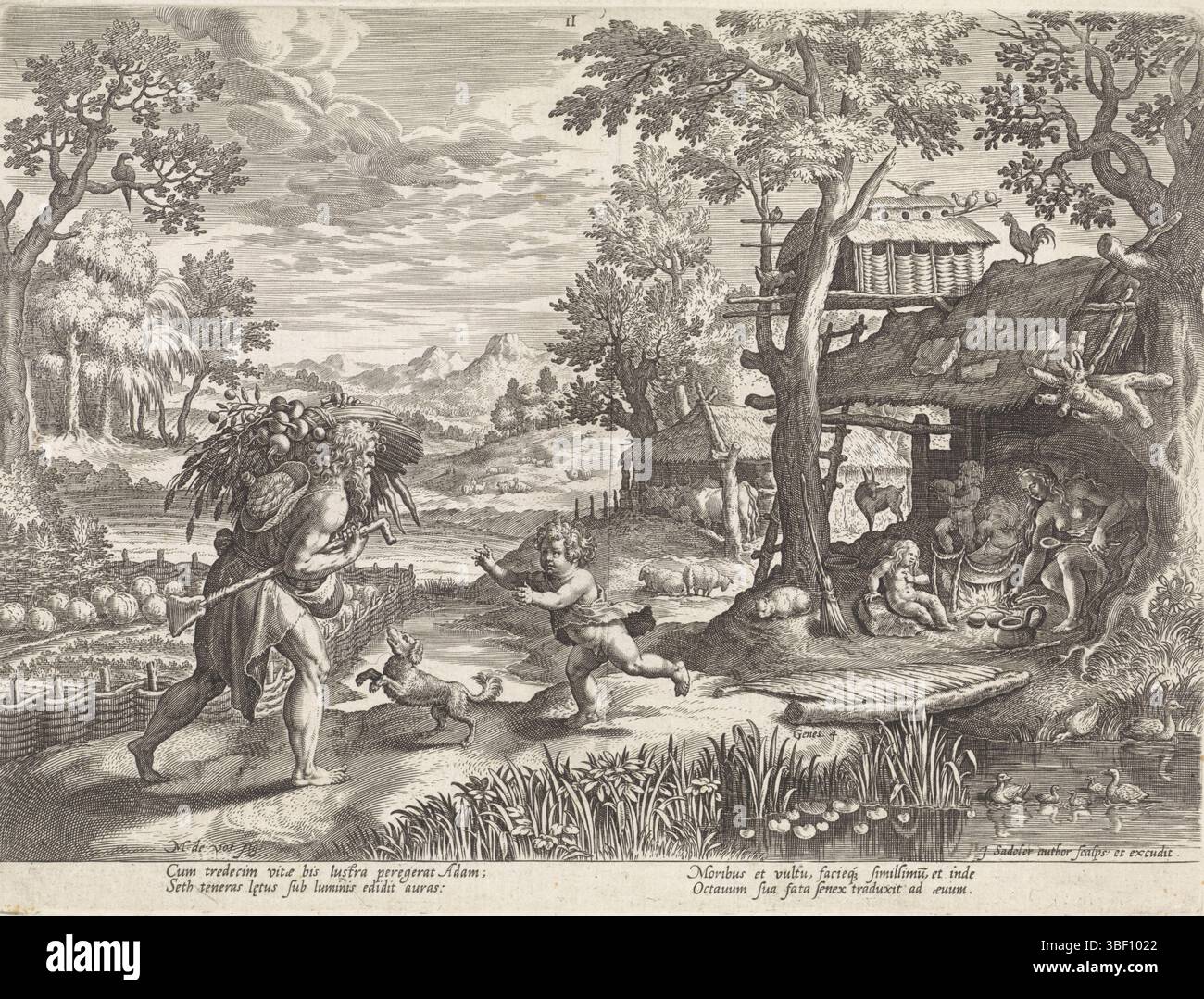 Anversa, Sadeler, Johann (i), Vos, Maerten de, Anversa, Bonorum et Malorum consensio, storia della famiglia del set, sul buon e sul cattivo giudizio, Set saluta Adamo al suo ritorno del campo, verso il basso a sinistra - timbrato, Adam torna dal suo lavoro sui campi con il raccolto quotidiano sulla spalla. Set, il figlio più giovane di Adamo, corre verso suo padre. Fa Left Eva cenare in una cabina. La stampa ha una didascalia latina. Stampa, altezza 205 mm, larghezza 272 mm, olandese meridionale, 1550 - 1600-08, stampatore, 1586 - 1586, carta, incisione, incisione (processo di stampa), 1532 - 1603-12-04, intermed Foto Stock