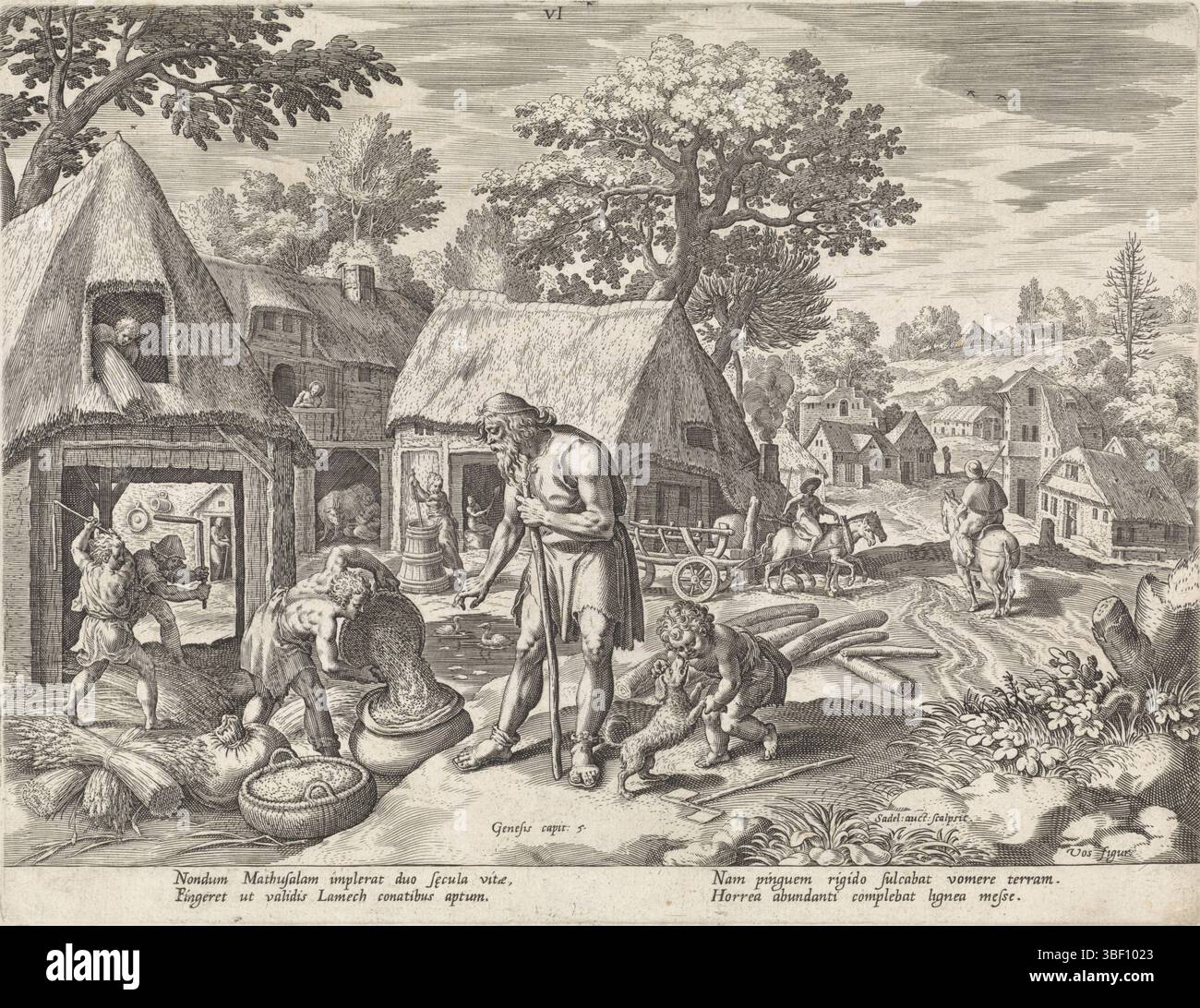 Anversa, Sadeler, Johann (i), Vos, Maerten de, Anversa, Bonorum et Malorum consensio, storia della famiglia di Set, sul buon e il cattivo giudizio, Metuselach e i suoi figli, Anversa, verso il basso a sinistra - timbrato, Metuselach in primo piano. Dà linee guida ai suoi figli che stanno raccogliendo grano. Sullo sfondo una fattoria. La stampa ha una didascalia latina. Stampa, altezza 211 mm, larghezza 275 mm, olandese meridionale, 1550 - 1600-08, stampatore, 1586 - 1586, carta, incisione, incisione (processo di stampa), 1532 - 1603-12-04, tiratore intermedio, dopo il disegno, concezione del lavoro, dopo il design, wri Foto Stock