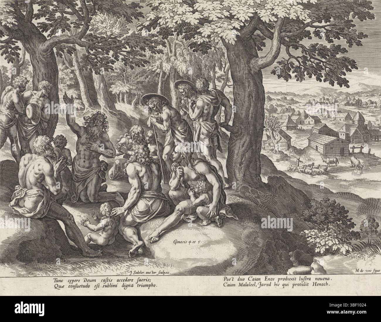 Anversa, Sadeler, Johann (i), Vos, Maerten de, Anversa, Bonorum et Malorum consensio, storia della famiglia del set, sul buon e il cattivo giudizio, Enos e i suoi discendenti, verso il basso a sinistra - timbrato, Enos siede con i suoi discendenti in una foresta vicino a un villaggio. Si inginocchiò e si allunga le mani al cielo per adorare Dio. La stampa ha una didascalia latina. Stampa, altezza 204 mm, larghezza 269 mm, olandese meridionale, 1550 - 1600-08, stampatore, 1586 - 1586, carta, incisione, incisione (processo di stampa), 1532 - 1603-12-04, tiratore intermedio, dopo il disegno, concezione del lavoro, dopo la progettazione di, scrittore, Foto Stock