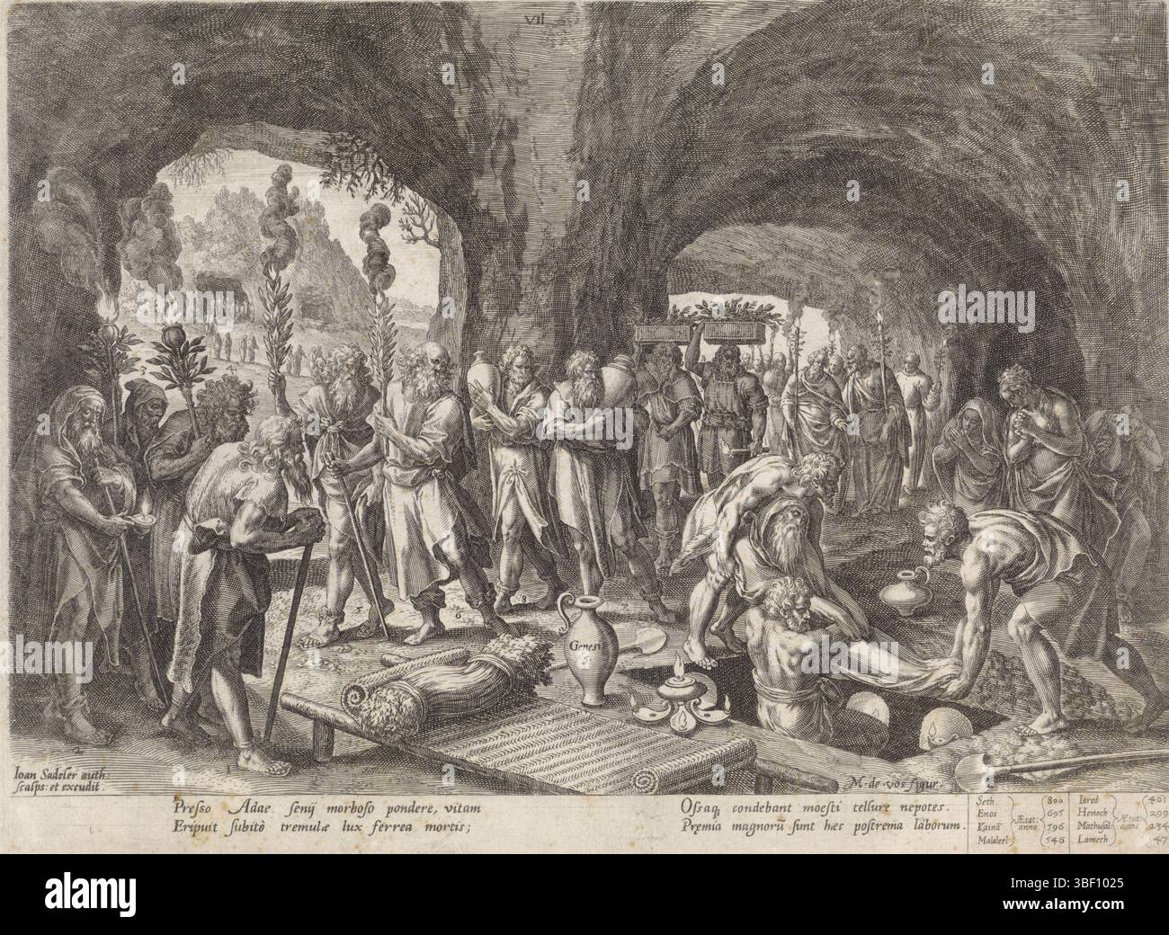 Anversa, Sadeler, Johann (i), Vos, Maerten de, Anversa, Bonorum et Malorum consensio, History of the Family of Set, on the Good and the Bad Judgment, Funeral of Adam, verso Left Bottom - timbrato, Adam è sepolto in una grotta da tutti i suoi discendenti. La stampa ha una didascalia latina. Stampa, altezza 210 mm, larghezza 275 mm, olandese meridionale, 1550 - 1600-08, stampatore, 1586 - 1586, carta, incisione, incisione (processo di stampa), 1532 - 1603-12-04, tiratore intermedio, dopo il disegno, concezione del lavoro, dopo progettazione, autore, pubblicazione (evento), pubblicazione, editore Foto Stock