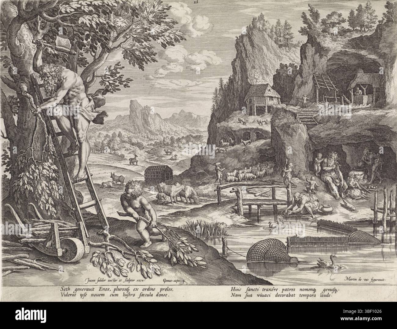 Anversa, Sadeler, Johann (i), Vos, Maerten de, Anversa, Bonorum et Malorum consensio, storia della famiglia del set, sul buon e il cattivo giudizio, Set e Enos, verso in basso a sinistra - timbrato, Set e suo figlio Enos stanno tagliando alberi e raccogliendo legno. Sulla sinistra, la moglie di Set prepara la cena mentre il resto della famiglia si prende cura degli animali. La stampa ha una didascalia latina. Stampa, altezza 206 mm, larghezza 278 mm, olandese meridionale, 1550 - 1600-08, stampatore, 1586 - 1586, carta, incisione, incisione (processo di stampa), 1532 - 1603-12-04, tiratore intermedio, dopo il disegno, concezione del lavoro, indietro Foto Stock