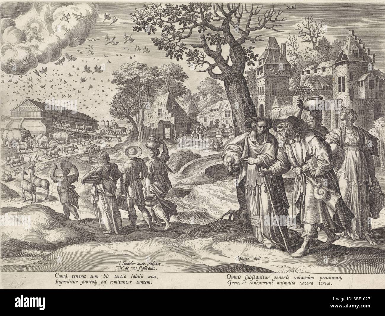 Anversa, Sadeler, Johann (i), Vos, Maerten de, Anversa, Bonorum et Malorum consensio, storia della famiglia degli insiemi, sul buon e sul cattivo giudizio, Noè carica tutti gli animali dell'arca, verso sinistra sotto - timbrato, Dio chiama da tutti gli animali del mondo una coppia all'arca per essere salvati da Noè. In primo piano Noè e la sua famiglia camminano verso l'arca con tutti i loro beni. Sullo sfondo a destra c'è festa e ballo in un villaggio. La stampa ha una didascalia latina. Stampa, altezza 203 mm, larghezza 274 mm, olandese meridionale, 1550 - 1600-08, stampatore, 1586 - 1586, carta, incisione Foto Stock