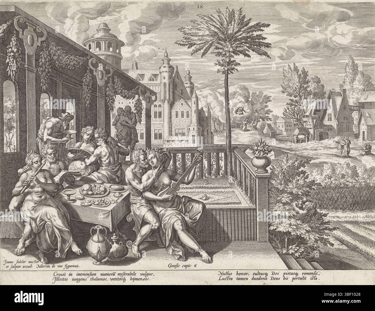 Anversa, Sadeler, Johann (i), Vos, Maerten de, Anversa, Bonorum et Malorum consensio, storia della famiglia del set, sul buon e il cattivo giudizio, vita mortale dell'uomo prima dell'alluvione, verso sinistra - timbrato, in primo piano un gazebo dove uomini e donne bevono, mangiano, fanno musica e amore. Sullo sfondo Dio appare a Noè e gli ordina di fare un'arca. La stampa ha una didascalia latina. Stampa, altezza 212 mm, larghezza 278 mm, Sud-Nederlands, 1550 - 1600-08, stampatore, 1586 - 1586, carta, incisione, incisione (processo di stampa), 1532 - 1603-12-04, trascinatore intermedio, dopo il disegno, work co Foto Stock